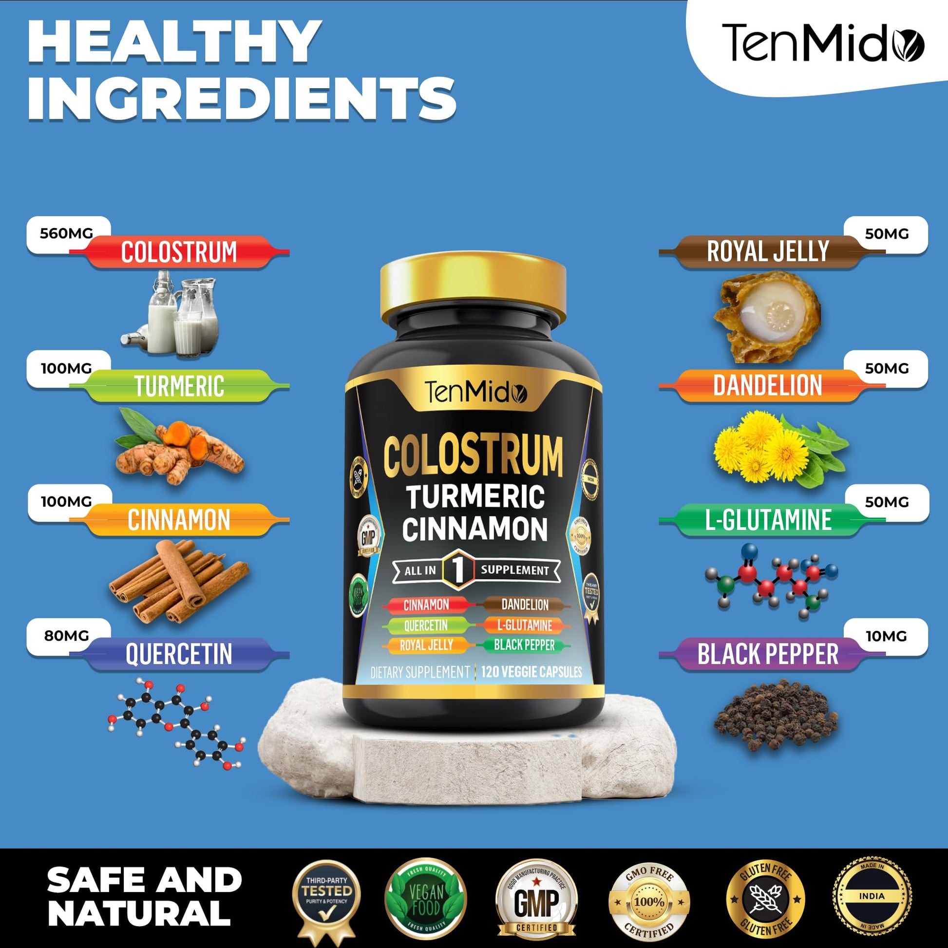 Tenmido Colostrum Supplement - 8in1 Formula - Combine with Turmeric, Ceylon Cinnamon, Quercetin, Royal Jelly, Dandelion, L- Glutamine, and Black Pepper - Digestive Health Support - 120 Capsules Tenmido buy supplements canada