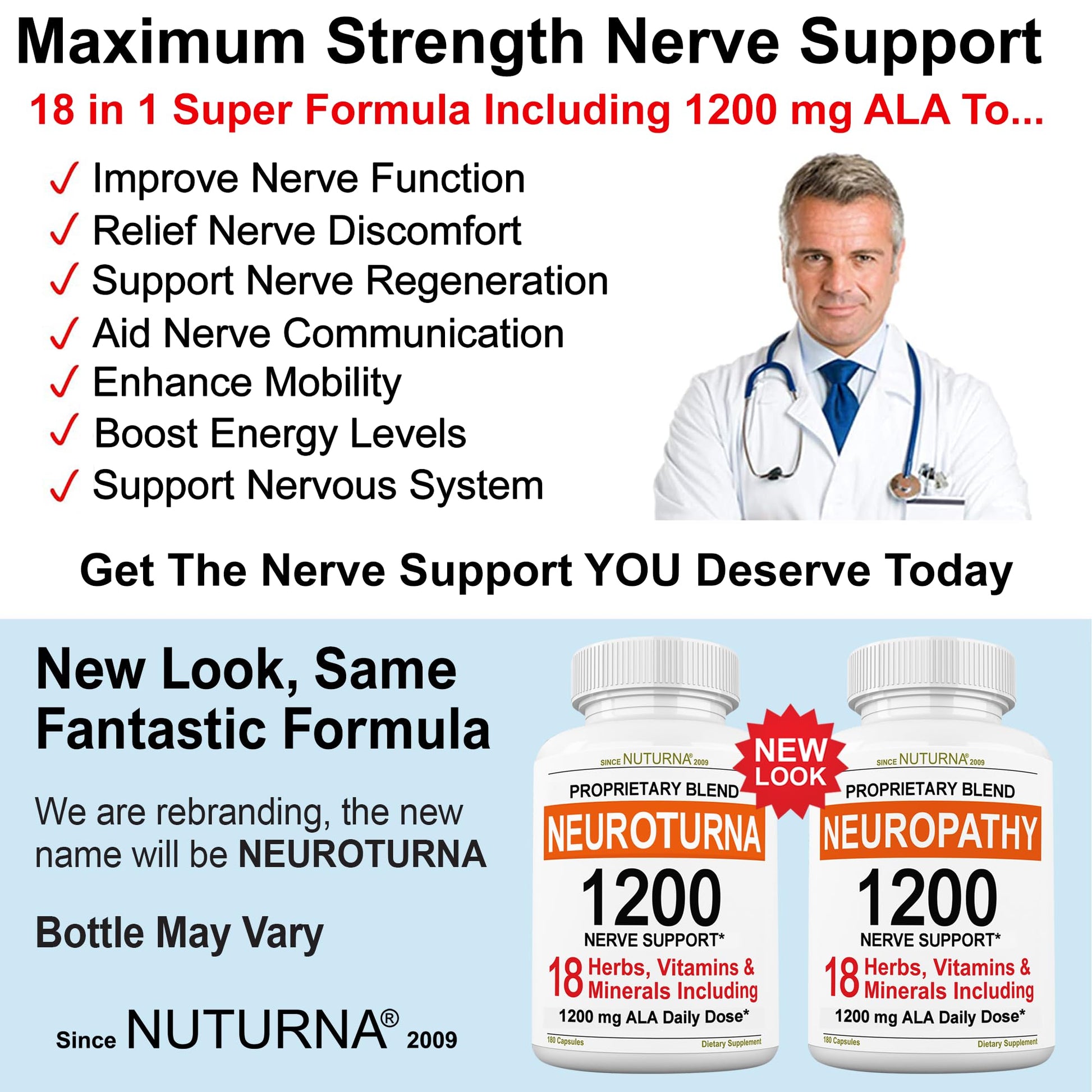 Neuroturna Support Supplement with 1200 mg Pure Alpha Lipoic Acid - Maximum Strength Formula with ALA + Vitamins + Minerals + Herbs - Best Natural Support - 180 Capsules Nuturna buy supplements canada