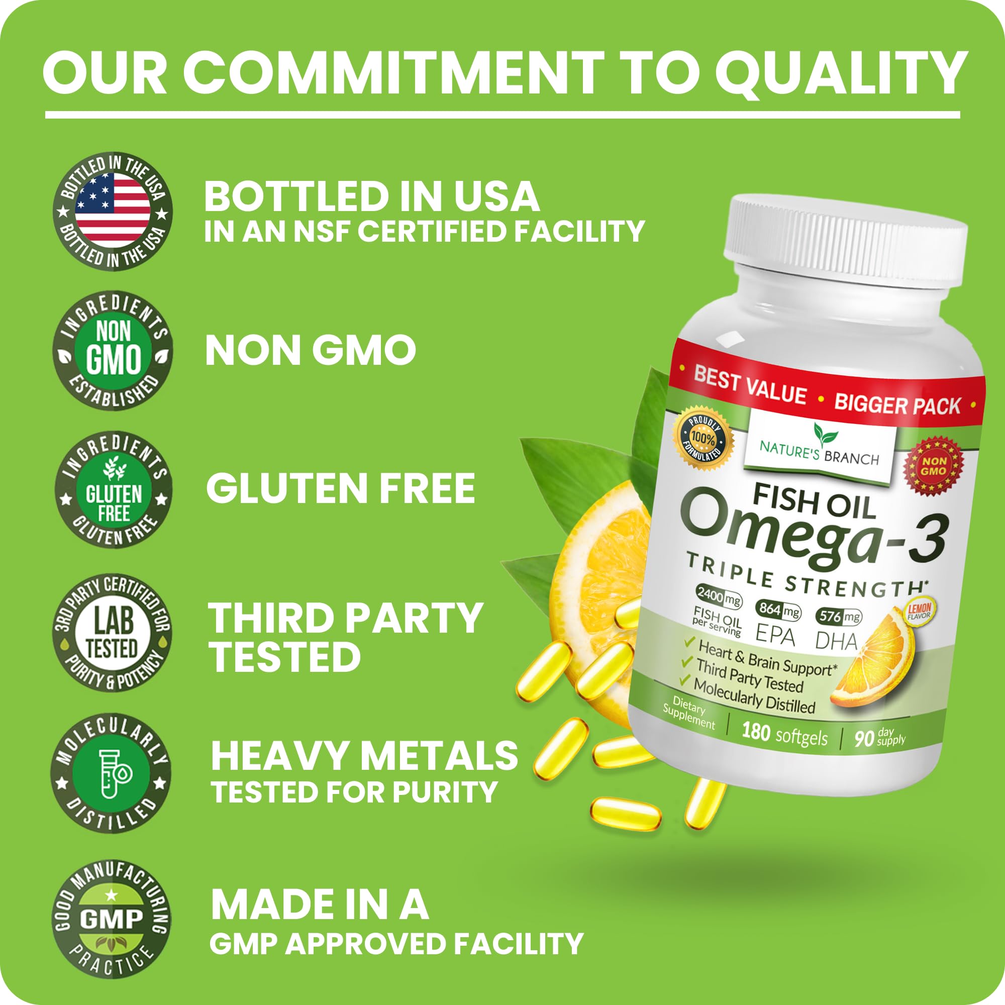 Triple Strength Omega 3 Fish Oil Supplements 2400mg | 180 Capsules, Burpless High Potency Lemon Flavor, High EPA DHA for Men & Women Ultra Pure Softgels NATURE'S BRANCH buy supplements canada