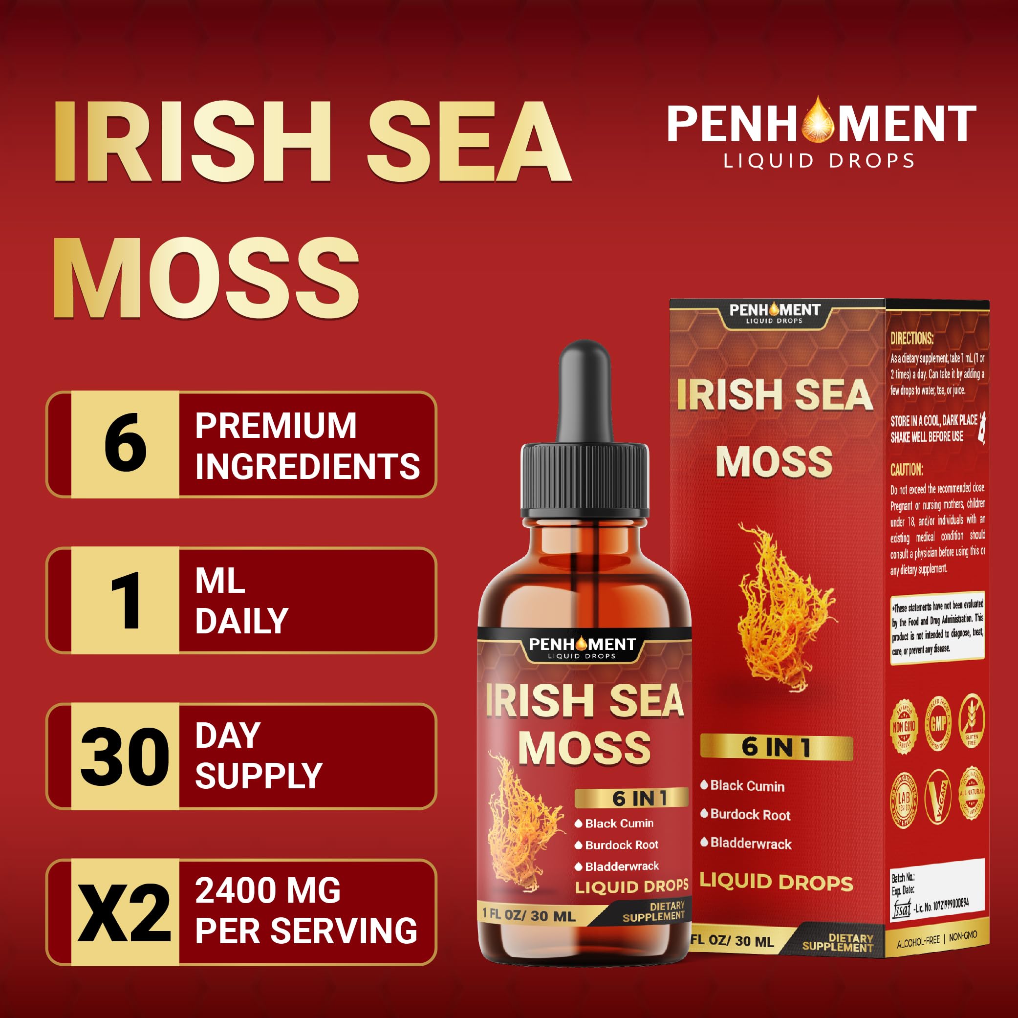 Penhoment 6in1 Sea Moss Drops with Black Seed Oil Irish Seamoss, Ashwagandha, Burdock Root & Bladderwrack - 1FL Oz - 30 Day Supply Penhoment buy supplements canada