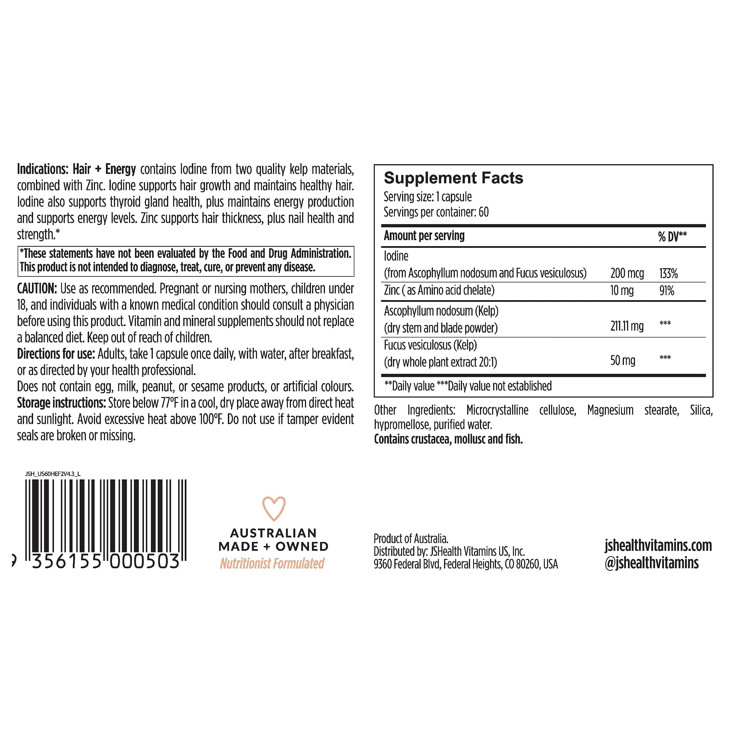 JSHealth Hair Growth Vitamins for Women. Hair + Energy with Kelp Iodine and Zinc. Supports Thickness, Strength, Energy. Nutritionist-Formulated (60 Capsules) JSHealth buy supplements canada