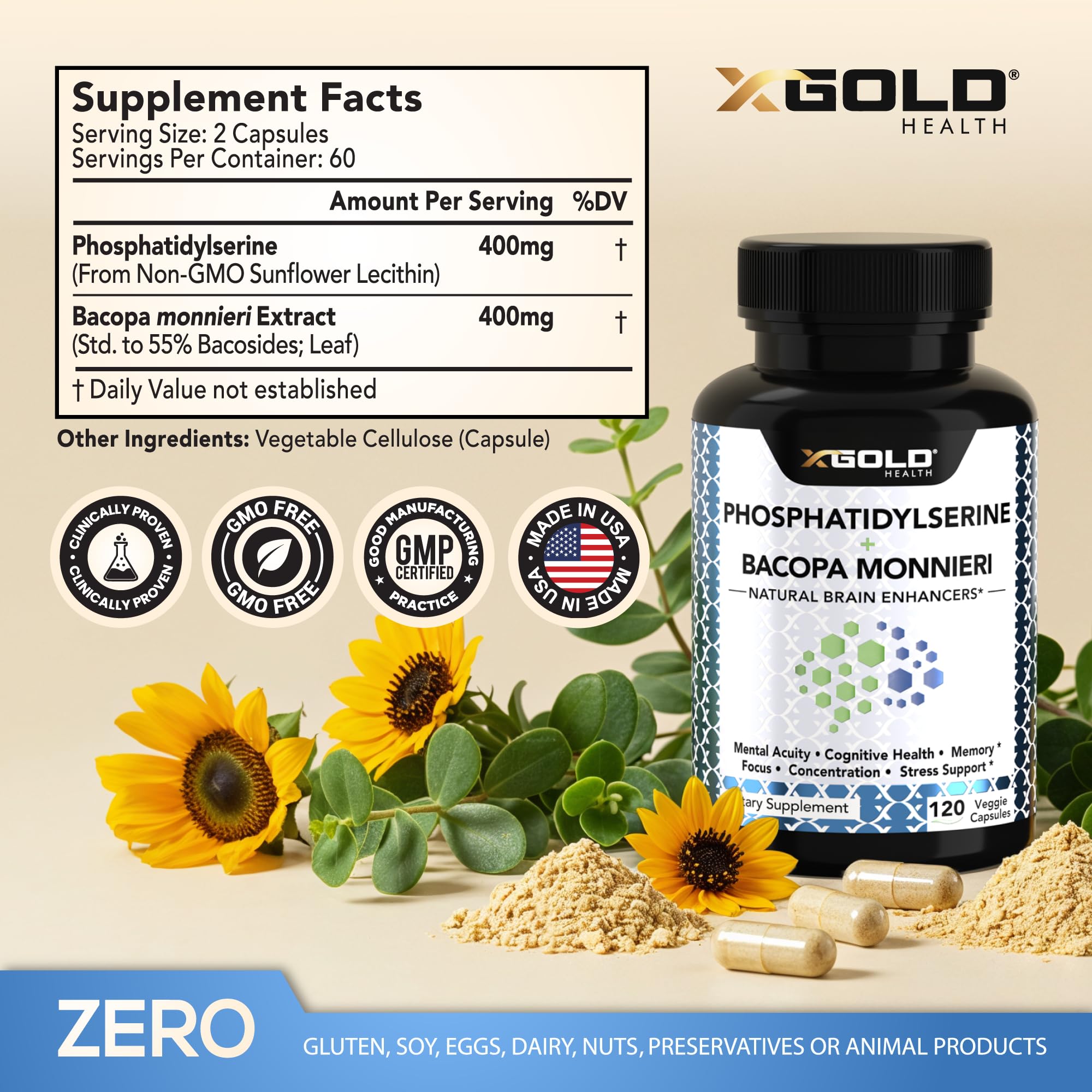 PhosphatidylSerine & Bacopa Monnieri 800 mg 2 in 1 Supplement - Natural Brain Enhancer/Nootropic for Enhanced Focus and Concentration, Memory Support, & Cognitive Function - 120 Vegetarian Capsules X Gold Health buy supplements canada