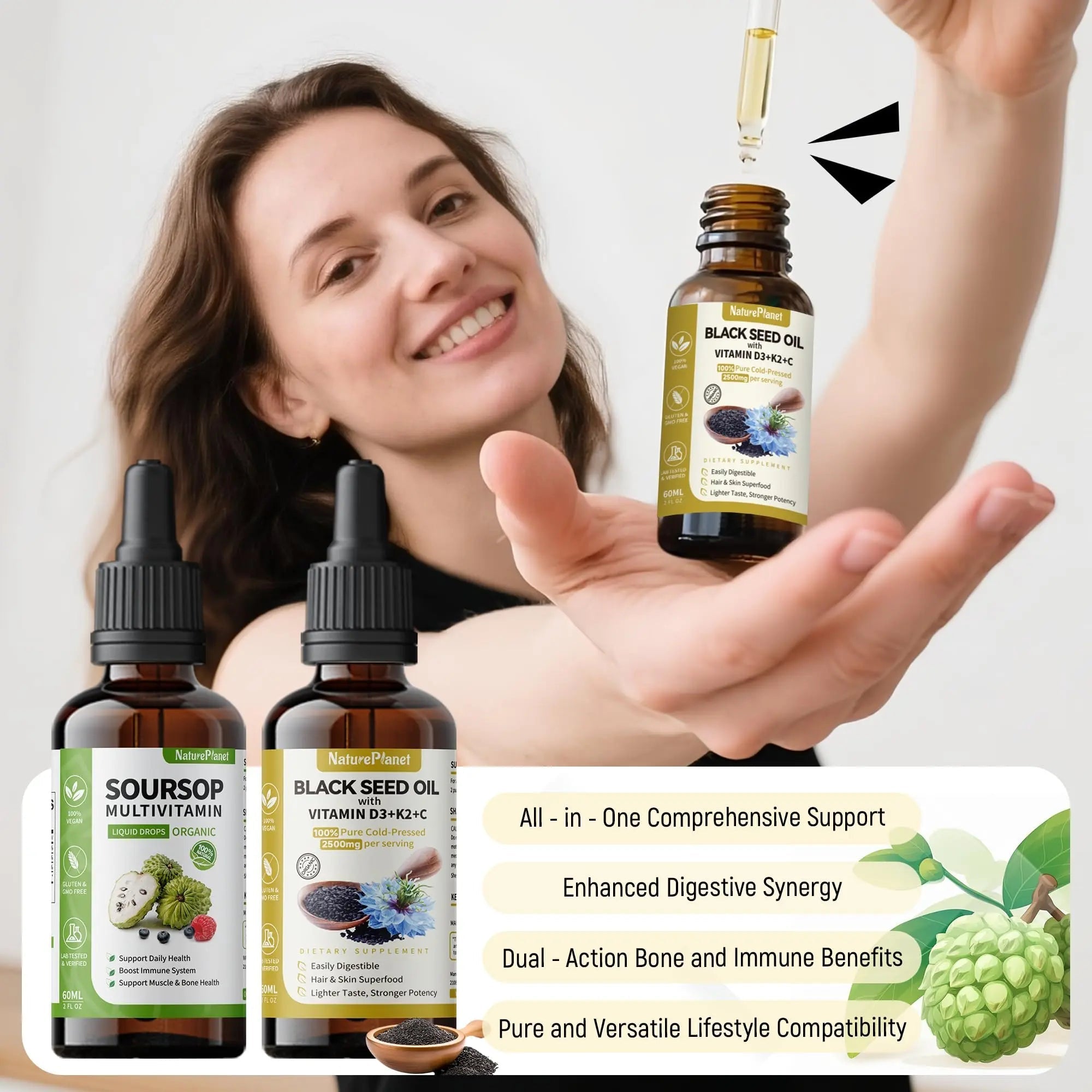 NaturePlanet Organic Soursop Bitters and Black Seed Oil Drops Bundles with Vitamins D3, K2, B6, C | NaturePlanet buy supplements canada