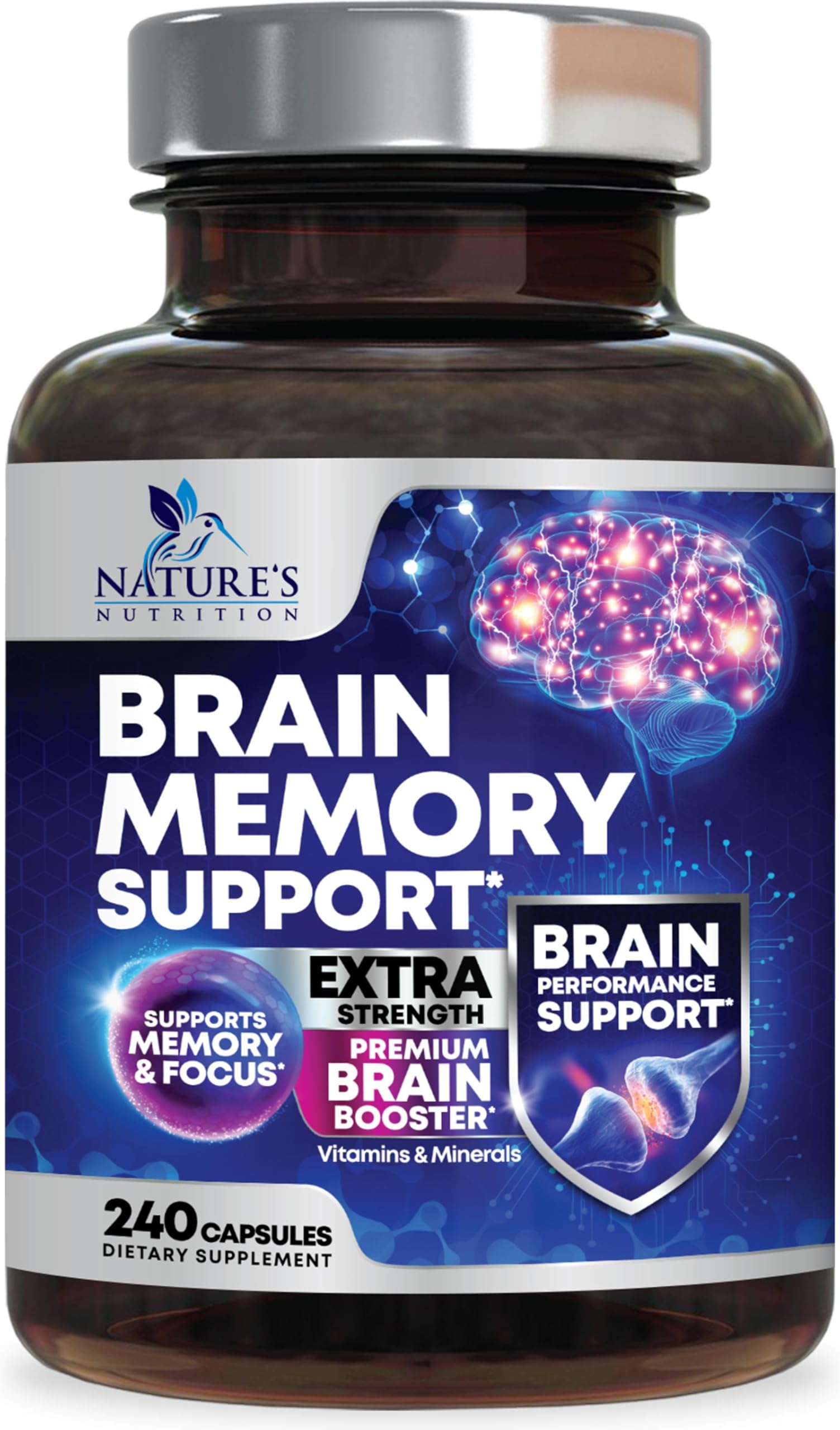 Brain Memory Supplement Pills - 3X Strength Nootropics for Concentration, Clarity & Focus Support - Brain Health Cognitive Vitamins with Bacopa, Phosphatidylserine & DMAE, Brain Booster - 240 Capsules Nature's Nutrition buy supplements canada