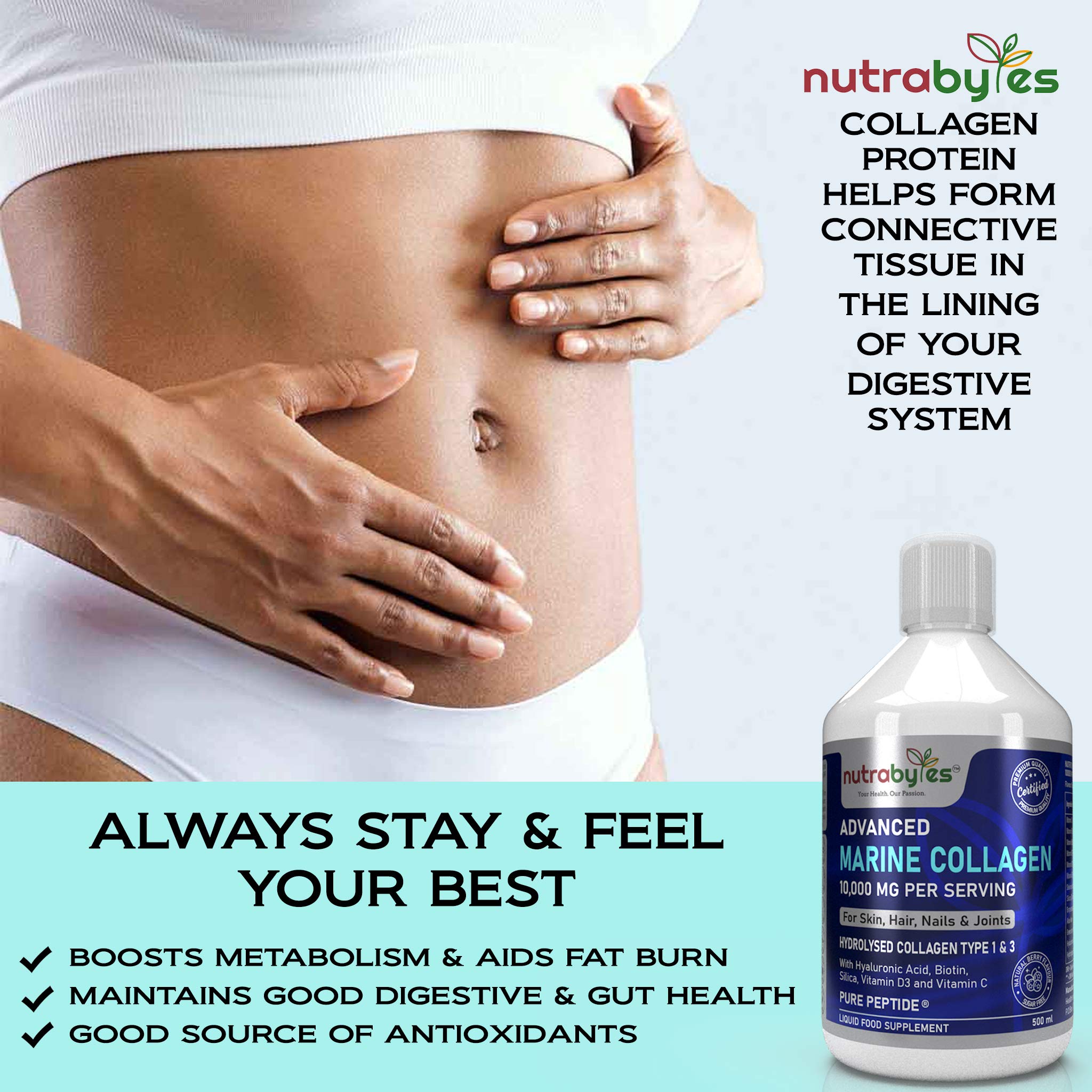 Marine Collagen Liquid 10000mg Sugar Free, Hydrolysed Peptides | Hyaluronic Acid, Biotin, Silica, Vitamin C, Vitamin D3 NUTRABYTES buy supplements canada