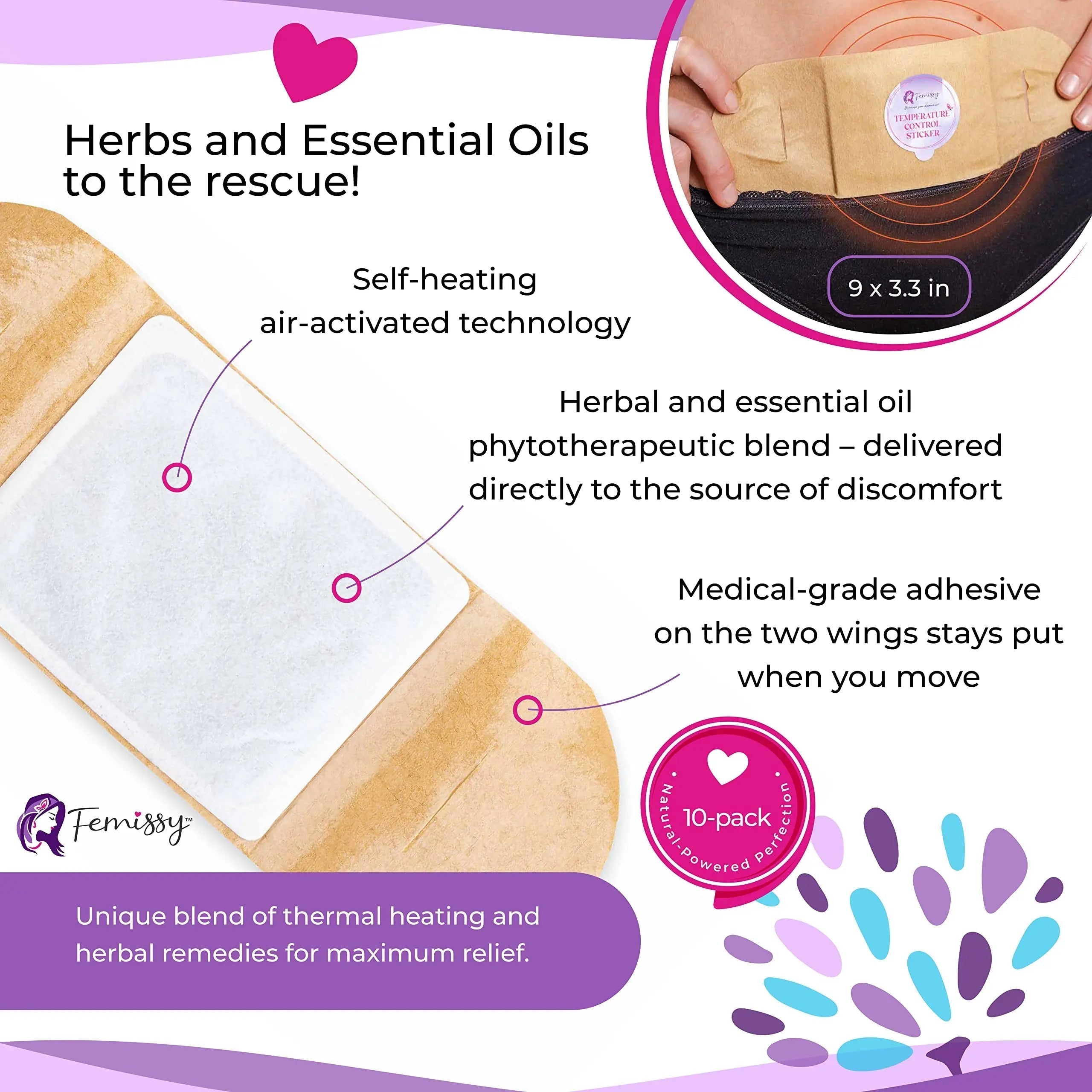 Heat Patches for Menstrual Cramps Based on Flow Strength, 10 Period Patches for Weak & Normal Flow & 1 Single Patch with Natural Herbs & Oils; Disposable Stick On Heating Pads Cramp-Free Period Femissy buy supplements canada