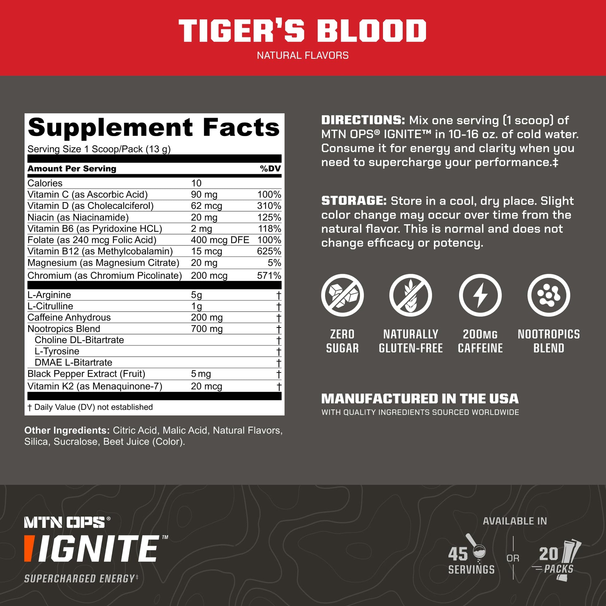 MTN OPS Ignite Trail Packs Energy Drink Powder, Gluten Free Nootropic Supplement Drink Mix, L Arginine, L Citrulline, Caffeine & Nootropic Sugar Free Drink Mix, 20 Servings, Tiger's Blood MTN OPS buy supplements canada