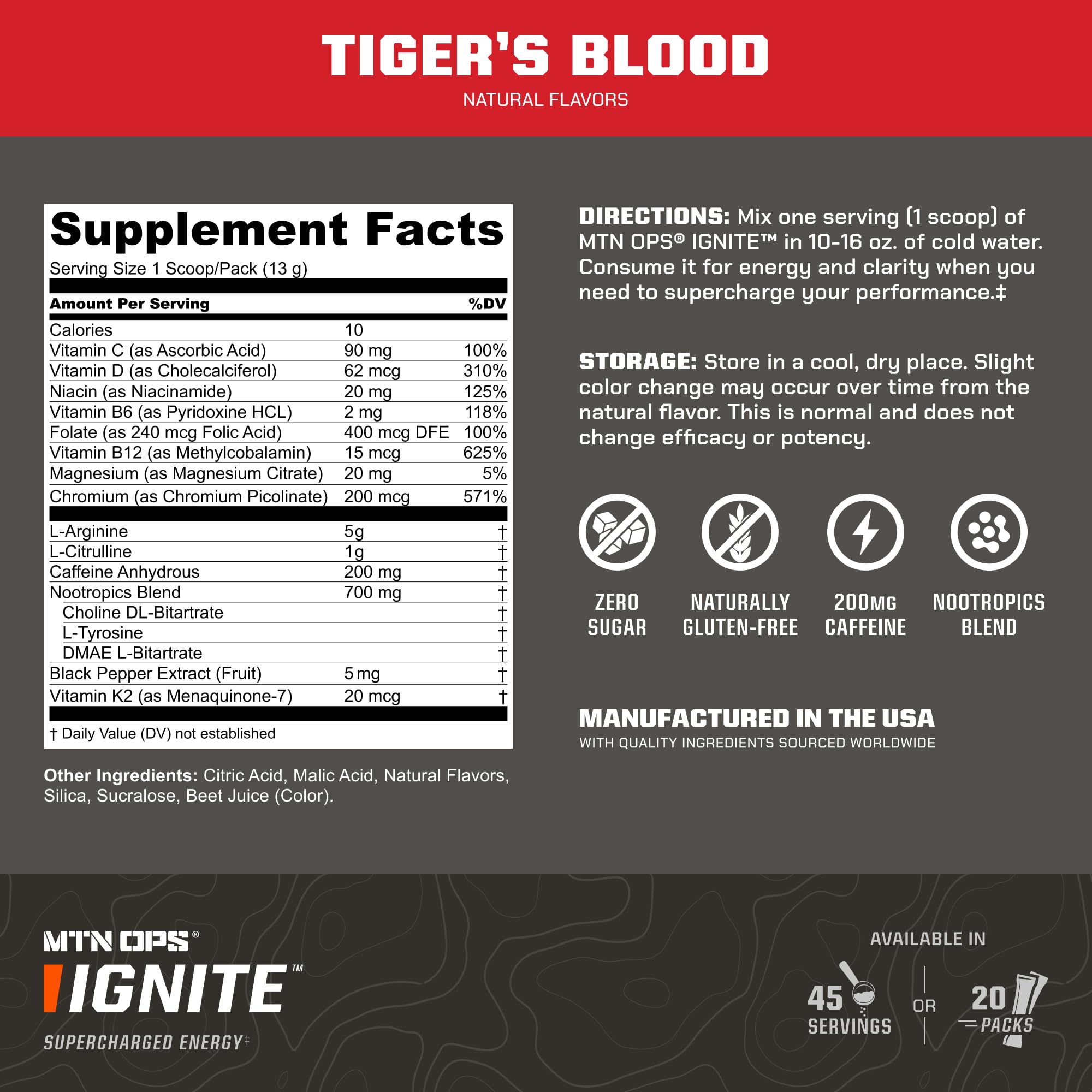 MTN OPS Ignite Trail Packs Energy Drink Powder, Gluten Free Nootropic Supplement Drink Mix, L Arginine, L Citrulline, Caffeine & Nootropic Sugar Free Drink Mix, 20 Servings, Tiger's Blood MTN OPS buy supplements canada