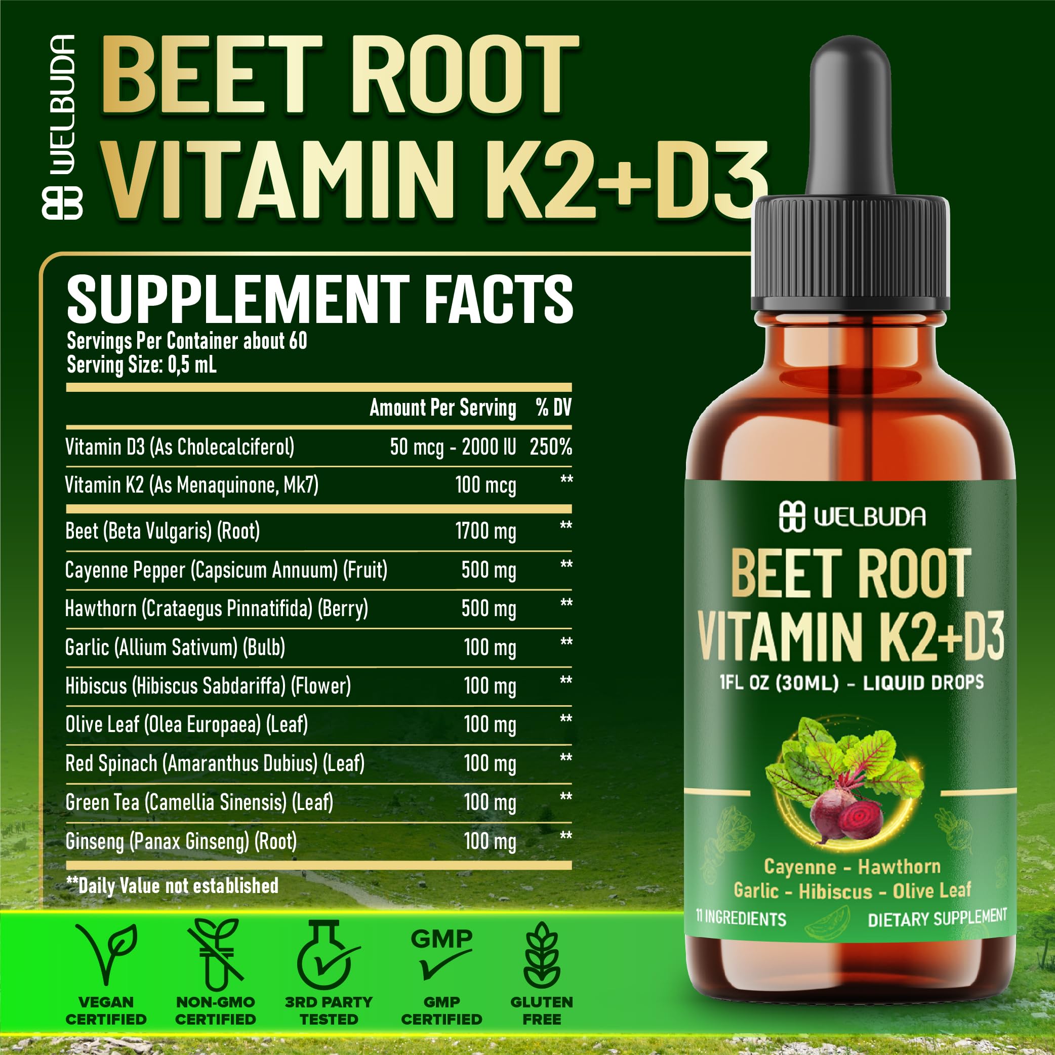 11in1 Beet Root Liquid Supplement - for Support Immune, Energy - with Vitamin D3, Vitamin K2, Hawthorn Berry, Cayenne Pepper, Garlic, Hibiscus, Olive, Red Spinach, Green Tea - 1 FL Oz - 30 Servings WELBUDA buy supplements canada
