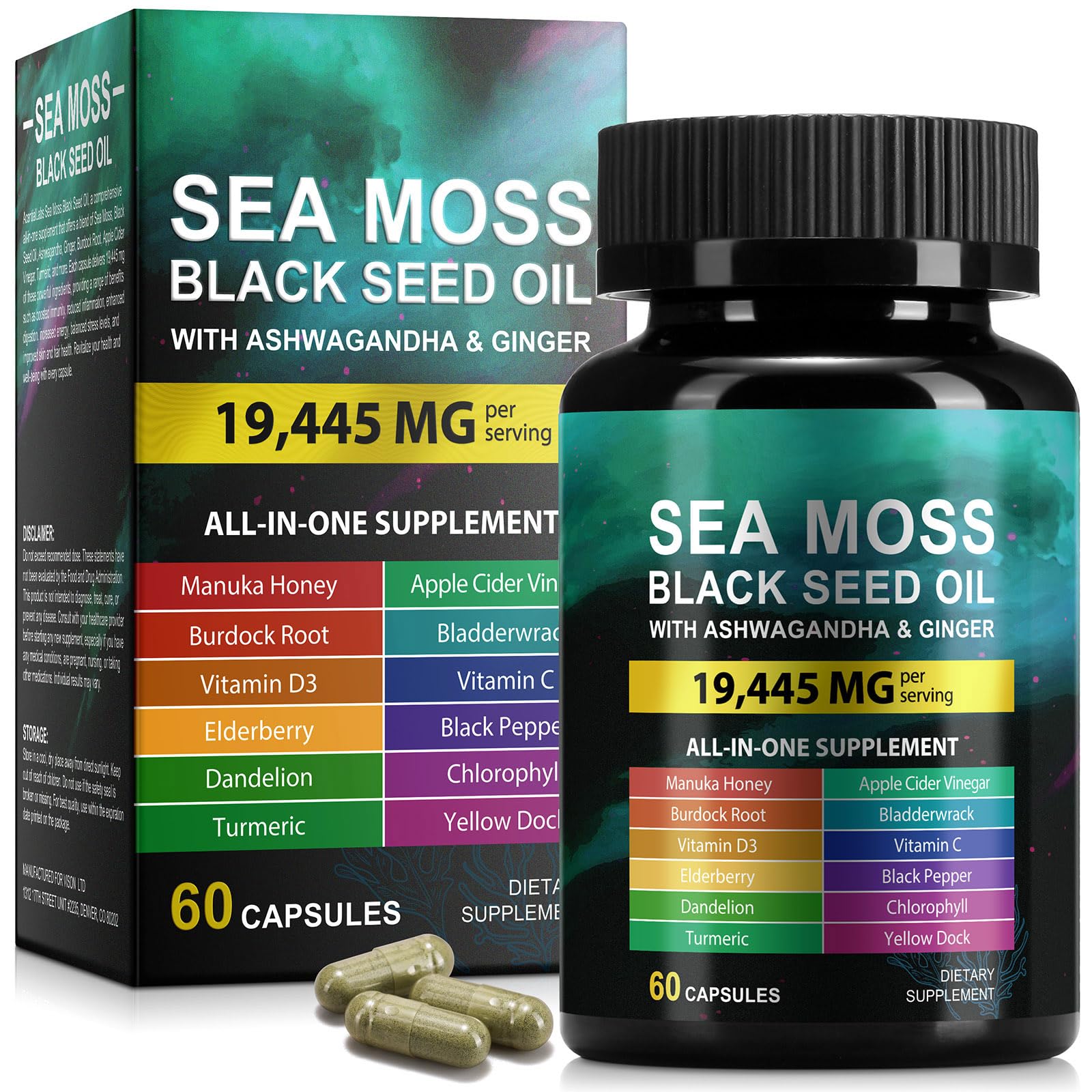 Sea Moss Black Seed Oil Ashwagandha Ginger Capsules, Seamoss Capsules Supplement with Bladderwrack Burdock & Vitamin C Vitamin D3 for Women & Men-Enhanced Immunity,60 Counts Vceeoy buy supplements canada