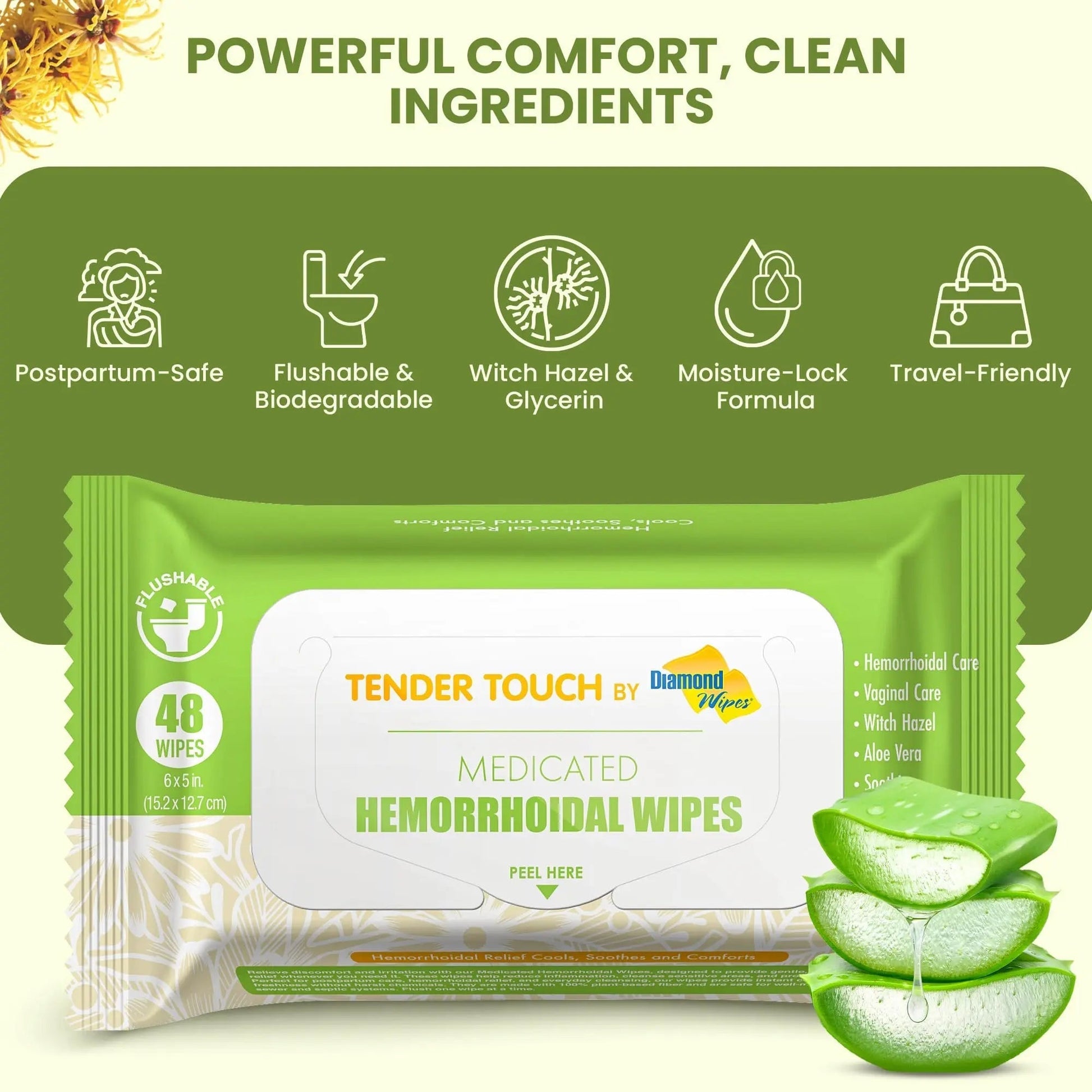 Tender Touch Hemorrhoid Wipes with Witch Hazel and Aloe, Flushable Medicated Wipes for Hemorrhoid and Vaginal Relief - Postpartum-Safe, Fragrance-free, Travel Size, 1 Pack, 48-ct. Diamond Wipes buy supplements canada
