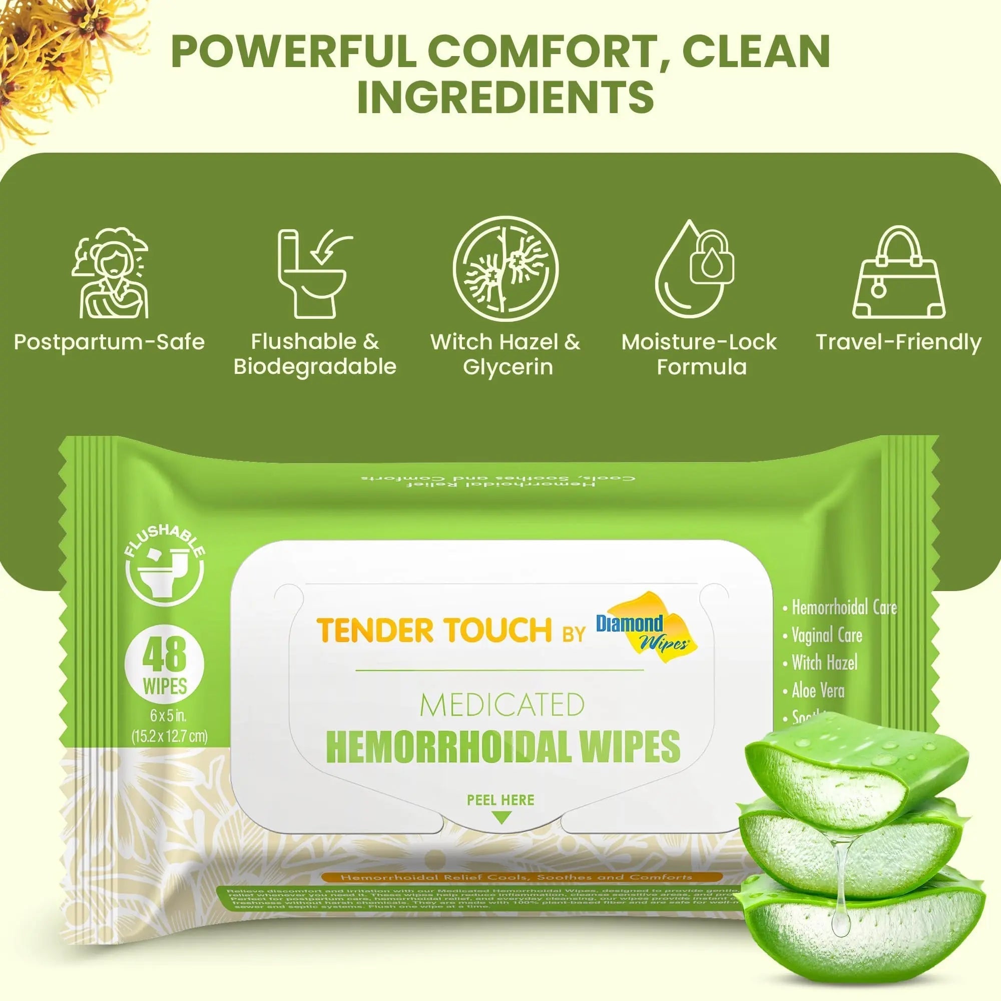 Tender Touch Hemorrhoid Wipes with Witch Hazel and Aloe, Flushable Medicated Wipes for Hemorrhoid and Vaginal Relief - Postpartum-Safe, Fragrance-free, Travel Size, 1 Pack, 48-ct. Diamond Wipes buy supplements canada