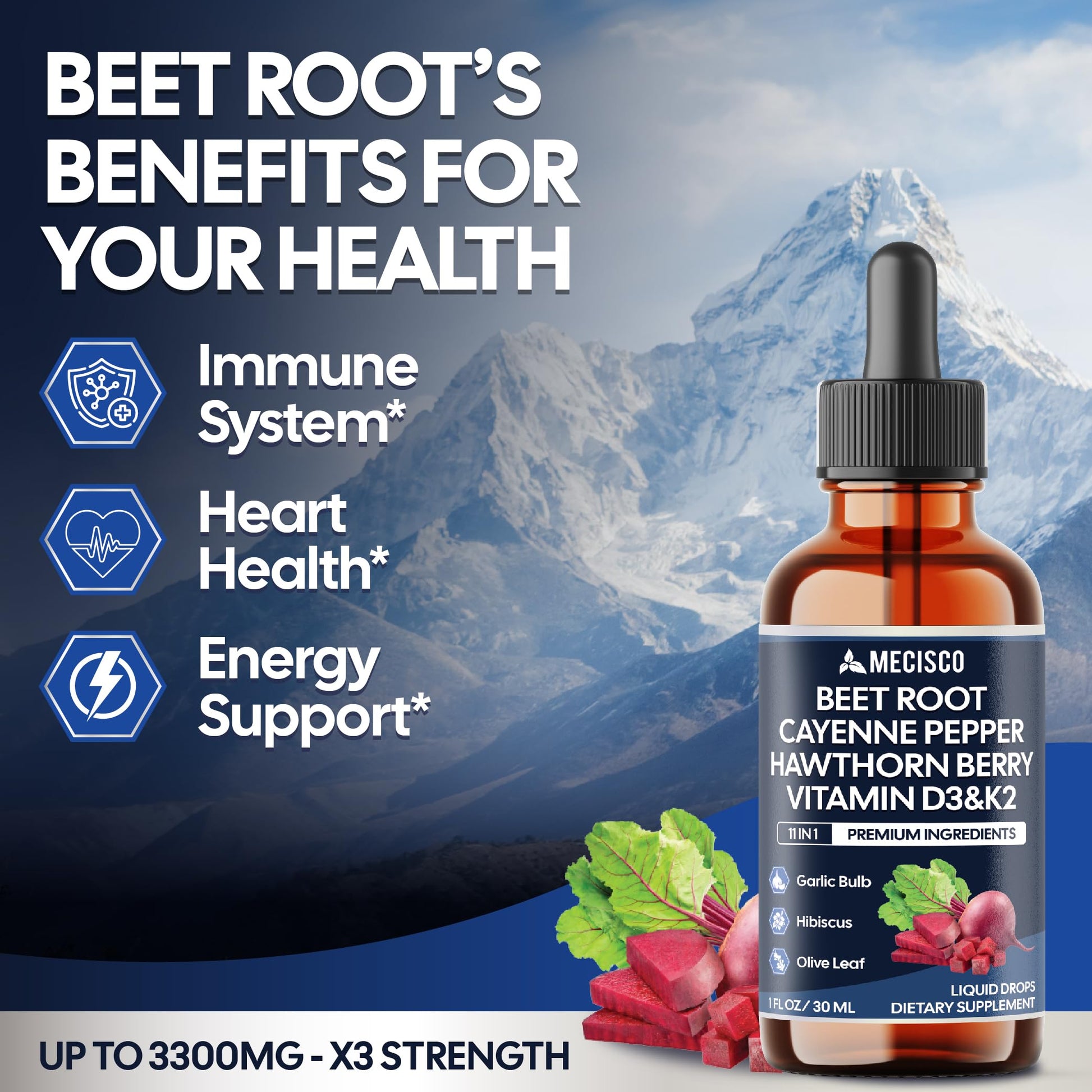 11in1 Beet Root Liquid Drops - Support Overall Wellness - with Vitamin D3, Vitamin K2, Hawthorn Berry, Cayenne Pepper, Garlic, Hibiscus, Olive, Red Spinach, Green Tea - 1 FL Oz - 60 Day Supply Mecisco buy supplements canada