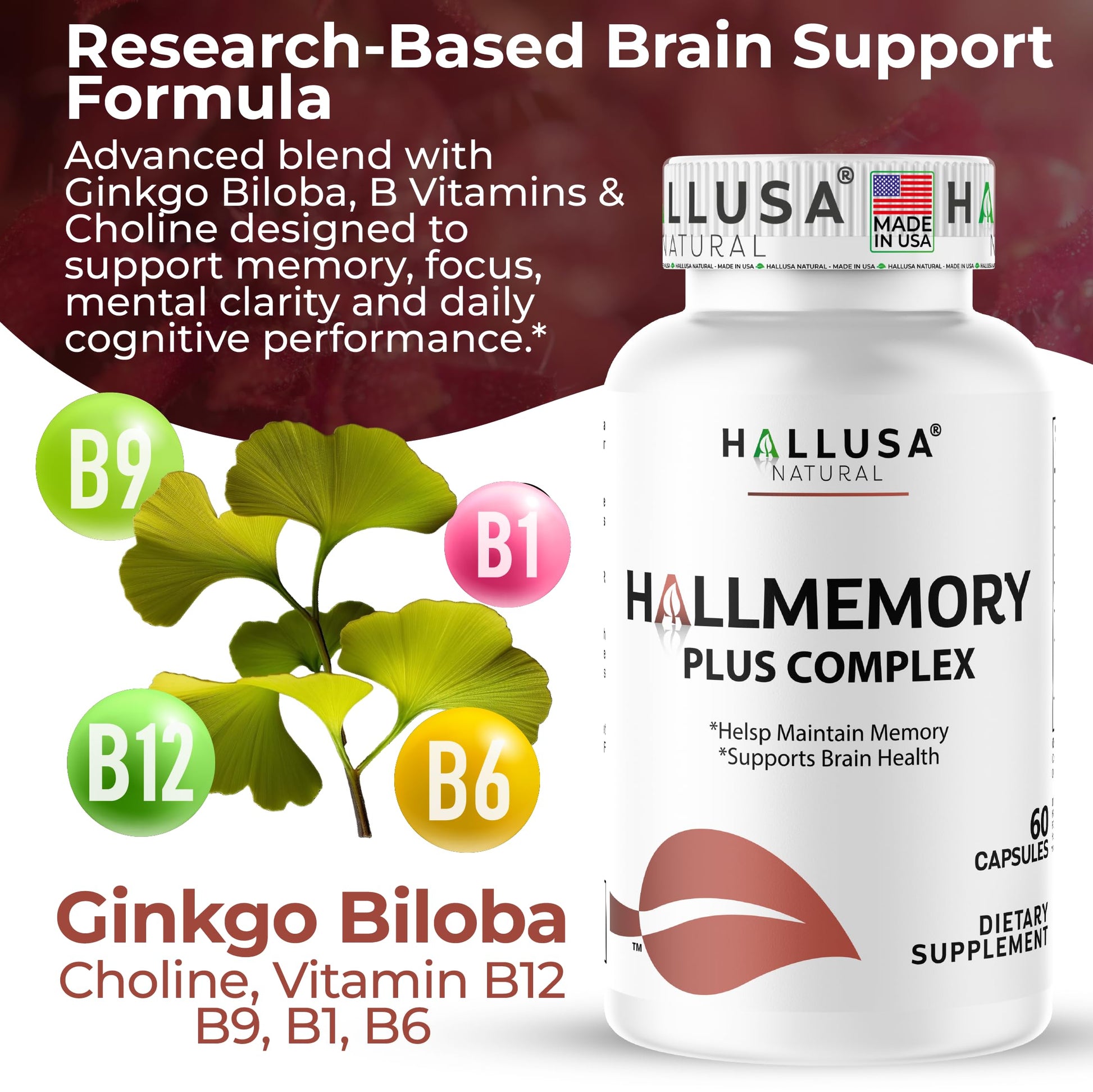 Hallusa Natural Brain Health Supplement Capsules 1680mg, Ginkgo Biloba, B Vitamins & Choline, Memory & Focus Support, Brain Booster for Men & Women, 60 Count Hallusa Natural buy supplements canada