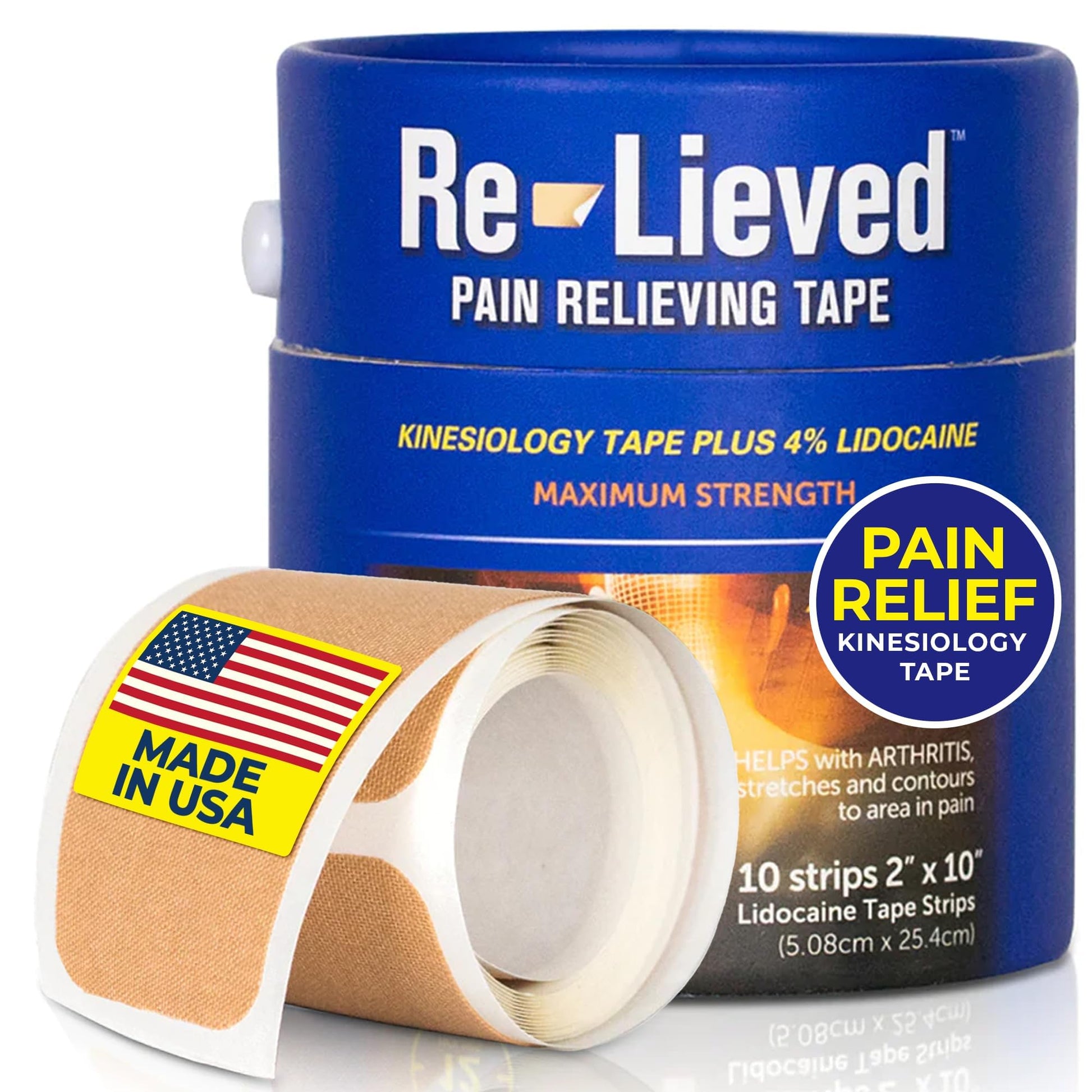 4% Lidocaine Maximum Strength Pain Relief Kinesiology Tape - Relieves Back, Joints and Muscle Pains - Superior Sticking, Aluminum-Free Water Resistant, and USA Made - 2" x 10" Strips Re-lieved buy supplements canada