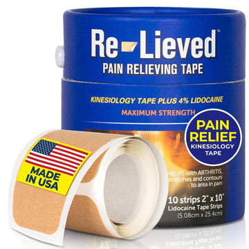 4% Lidocaine Maximum Strength Pain Relief Kinesiology Tape - Relieves Back, Joints and Muscle Pains - Superior Sticking, Aluminum-Free Water Resistant, and USA Made - 2" x 10" Strips Re-lieved buy supplements canada