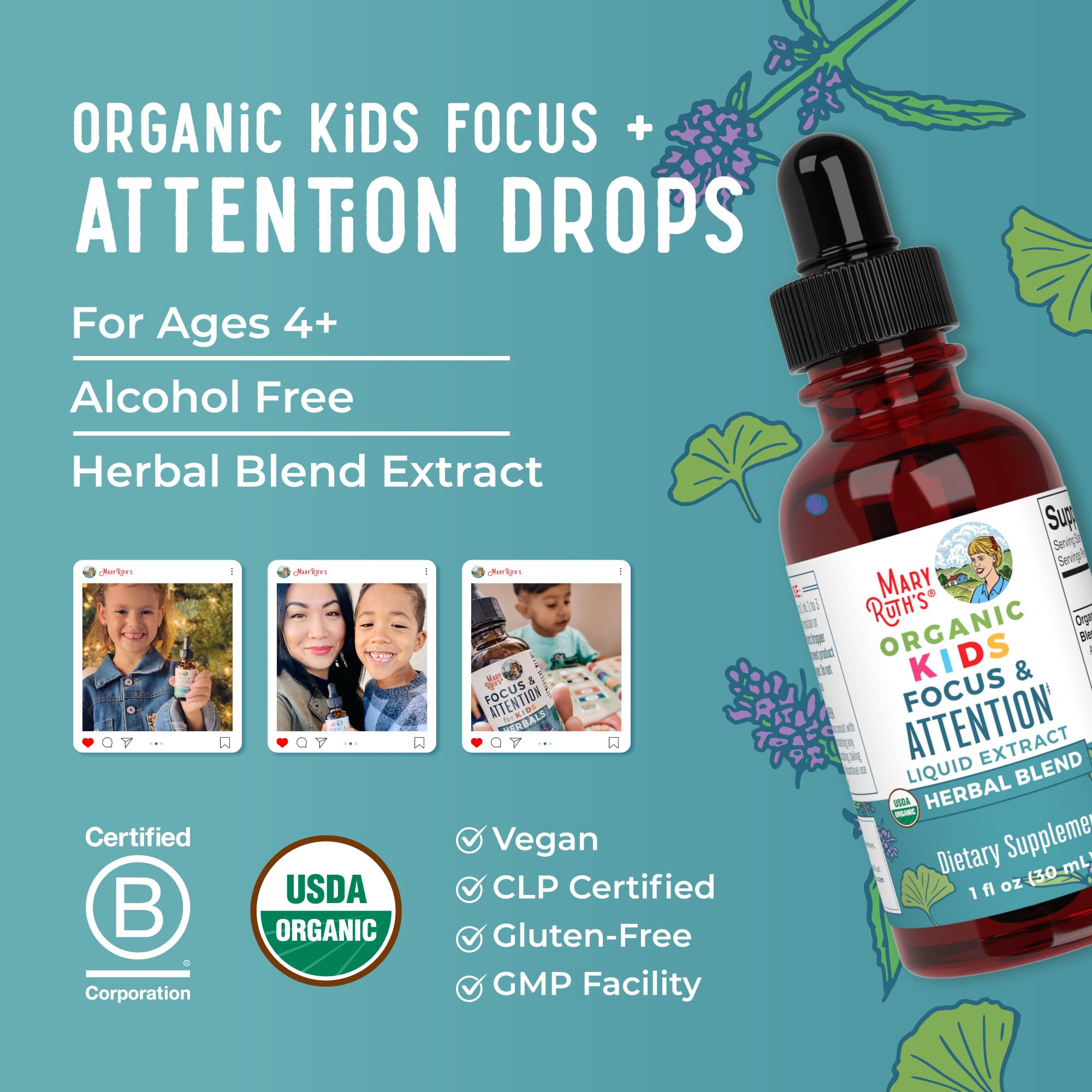 MaryRuth Organics Kids Focus & Attention Drops | USDA Organic Drops | Ginkgo Biloba | Rhodiola Root & Licorice Root | Adaptogenic | Calm | Vegan | Non-GMO | Gluten Free | 30 Servings MARYRUTH'S buy supplements canada