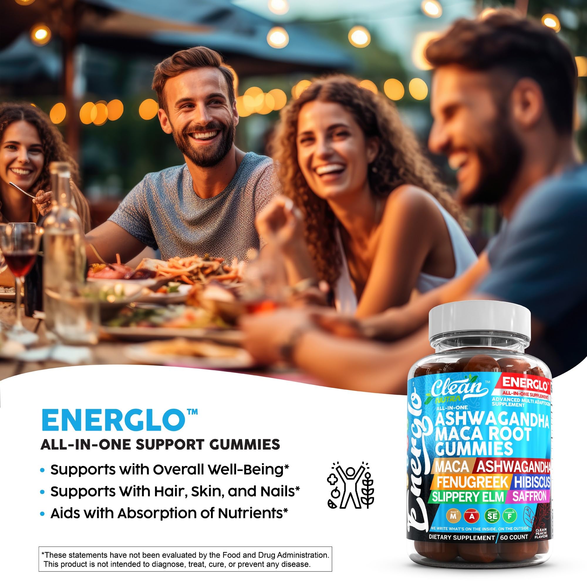 Ashwagandha Maca Root Gummies with Fenugreek Hibiscus Slippery Elm Saffron Extract & Beta Carotene | Peach Flavor Vegan Gummy Vitamins Adaptogen Cortisol Supplement Energlo by Clean Nutra Clean Nutraceuticals buy supplements canada