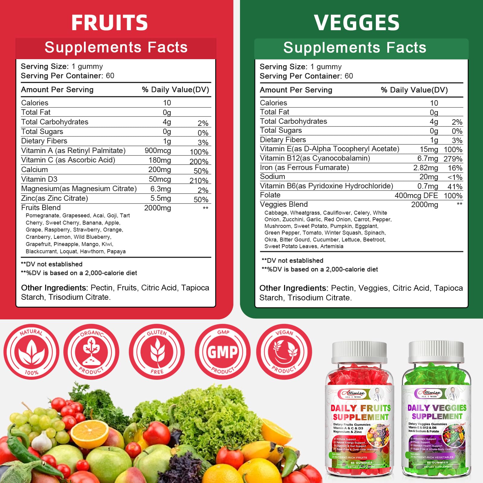 Sugar-Free Fruits & Veggies Gummies, Super Greens with 23 Fruits & 25 Veggies, Multivitamin Minerals & Fiber, Vegan Fruit & Vegetable Supplement for Adults, 120 Gummies, 2 Month Supply Alliwise buy supplements canada