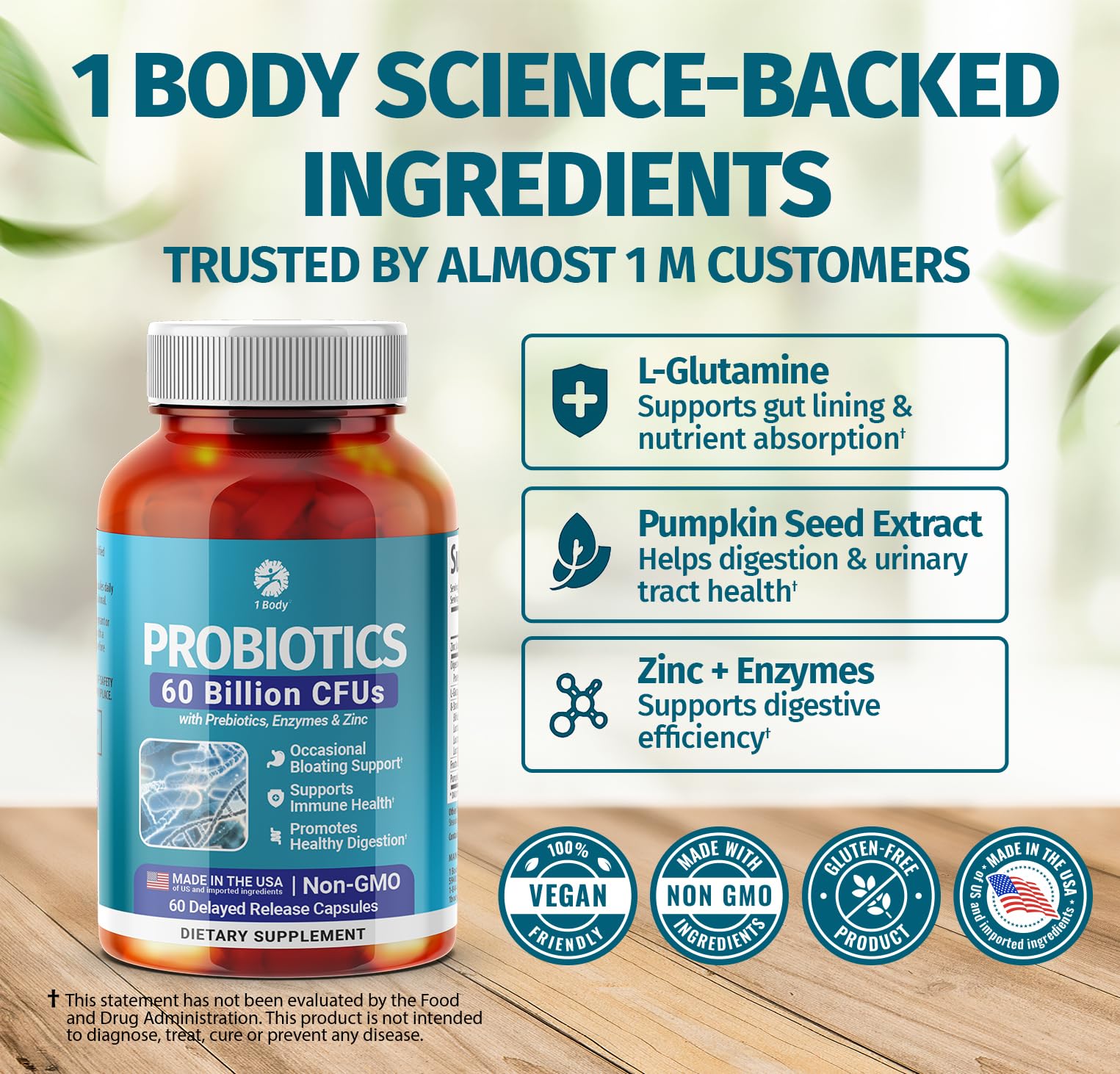 1 Body Probiotic 60 Billion for Men & Women, Gut Health Support with Prebiotics, Digestive Enzymes, Zinc & L-Glutamine, Non-GMO, 60 Vegan Capsules 1 Body buy supplements canada