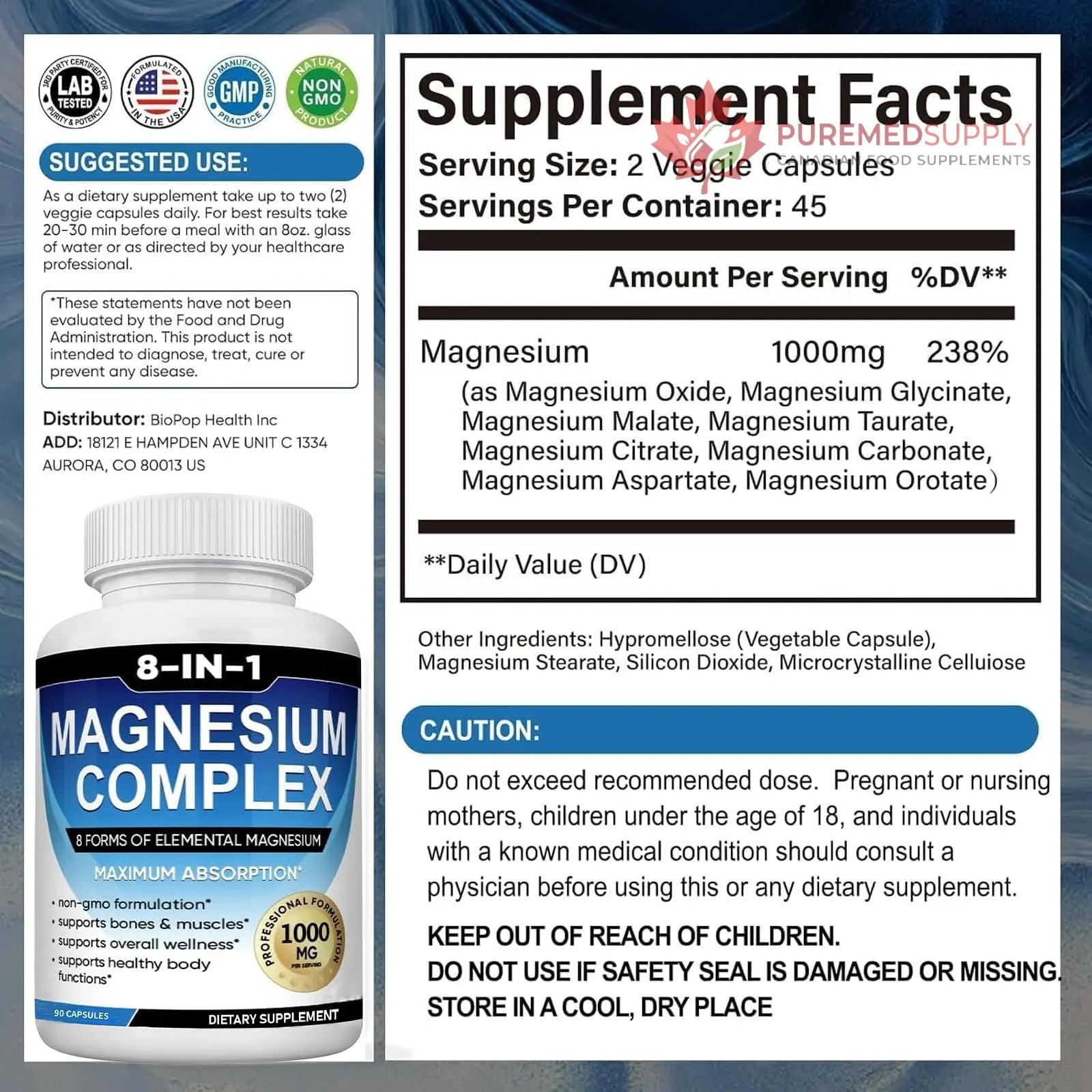 Magnesium Complex Supplement 8 Elemental 1000mg with Glycinate,Citrate for Muscle, Recovery, Stress, Energy, Bone Health, Vegan Non-GMO 180 Capsules, Magnesium Supplement for Women, Men, 2 Bottle caicieter buy supplements canada