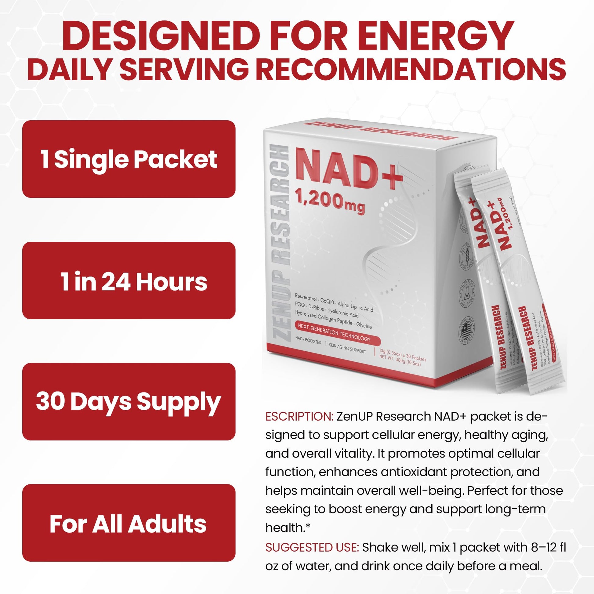 ZenUP Liquid NAD, Extra Strength 1,200mg NAD+ Supplement with CoQ10, Resveratrol, D-Ribose & PQQ for Men & Women, Natural NAD+ Stick for Anti-Aging, Energy, Focus - 30 Packets ZenUP buy supplements canada