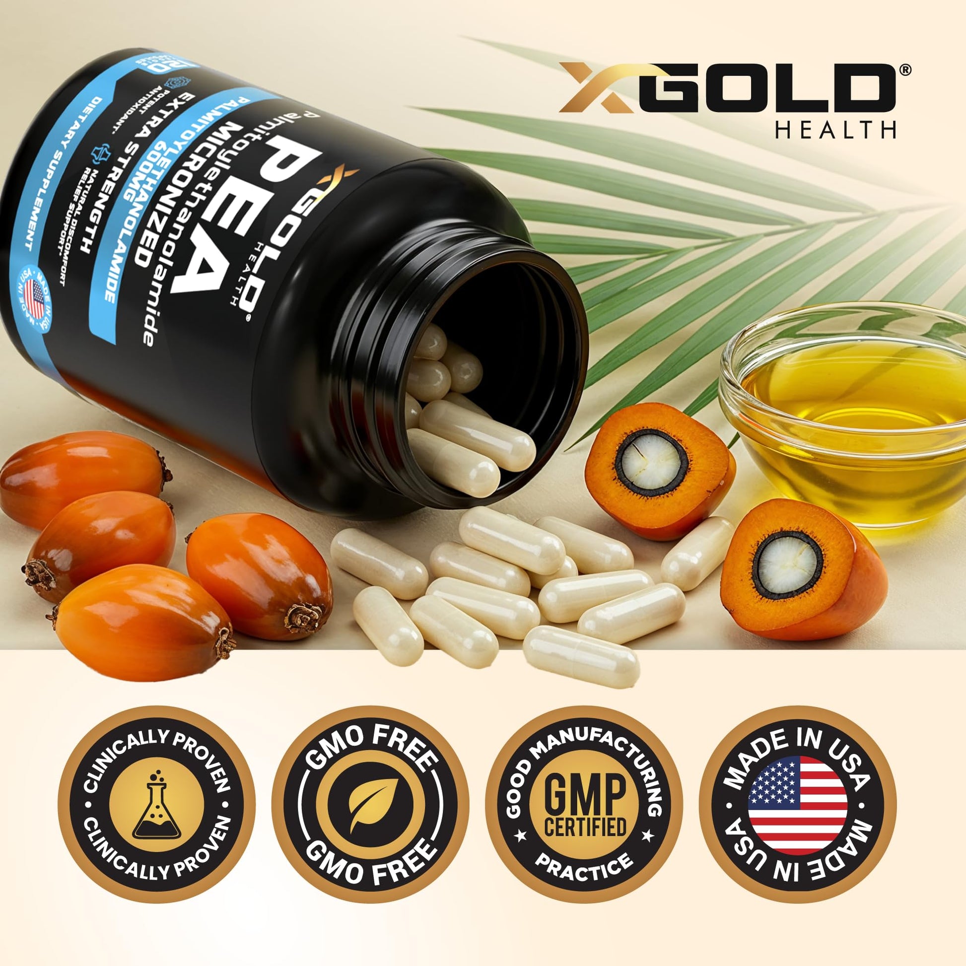 Palmitoylethanolamide Pea Supplement 600 mg | Micronized Pea 99% Highly Purified and Bioavailable | Made in USA | Supplement for Men and Women - 120 Capsules X Gold Health buy supplements canada