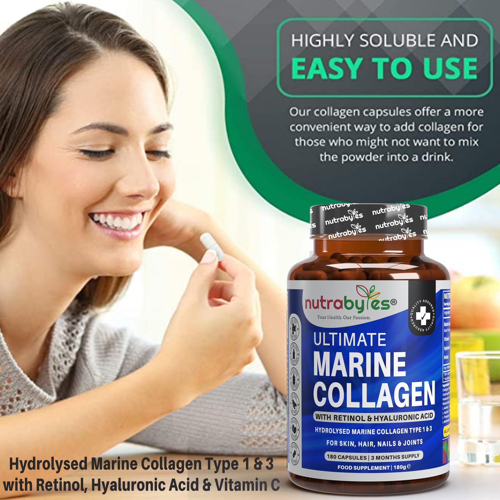 High Strength Marine Collagen with Hyaluronic Acid, Retinol and Vitamin C | 180 Capsules - 3 Months Supply NUTRABYTES buy supplements canada