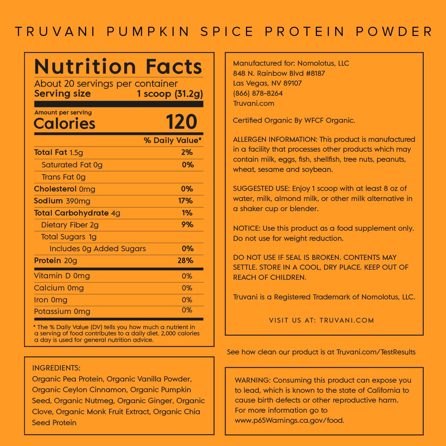 Truvani Organic Vegan Protein Powder Pumpkin Spice - 20g of Plant Based Protein Truvani buy supplements canada