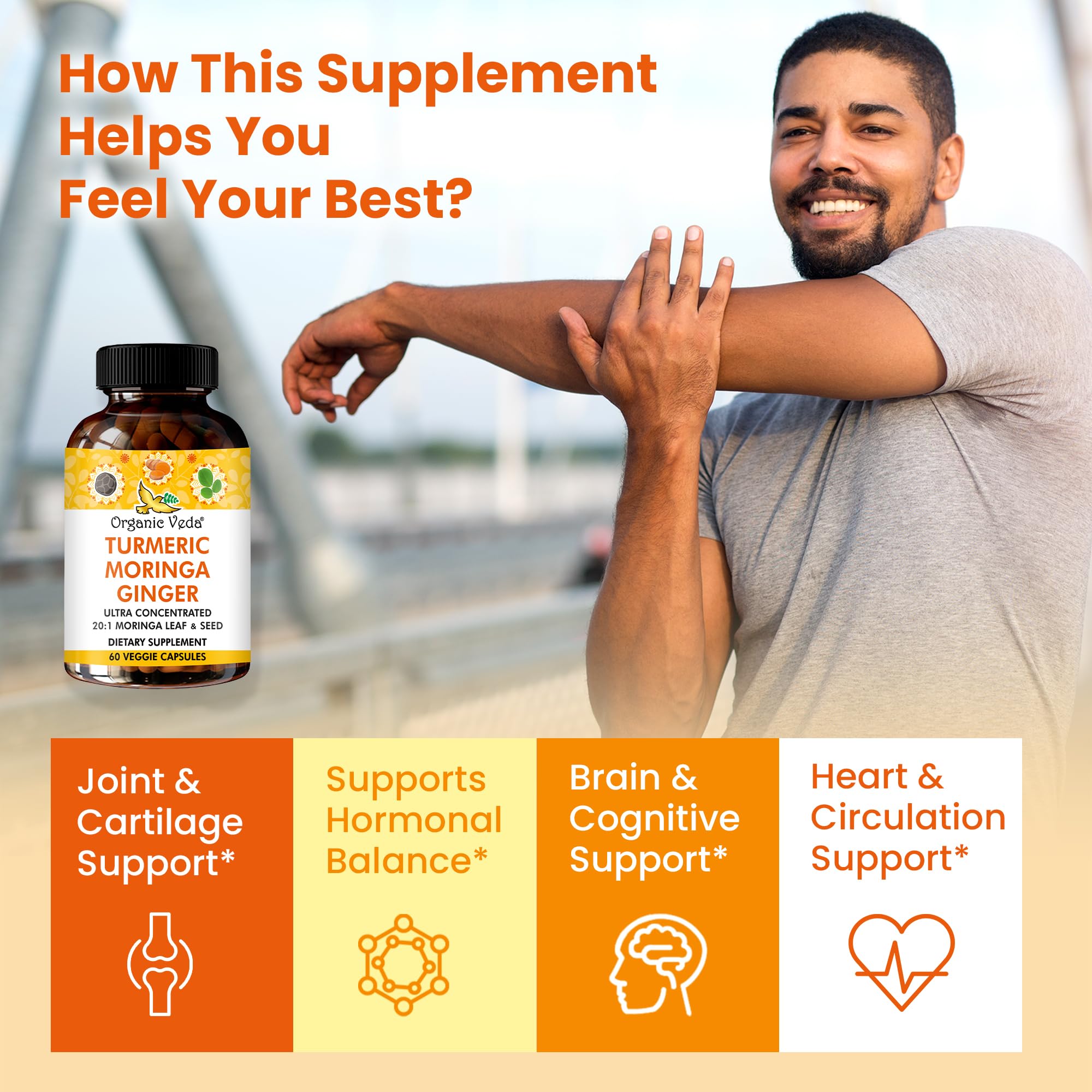 Organic Veda Turmeric Moringa Ginger Capsules - Super Antioxidants & Curcumin Supplement with 20:1 Moringa Leaf & Seed Extract, Black Pepper - Energy, Joints, Heart Health Support - 60 Vegan Pills Organic Veda buy supplements canada