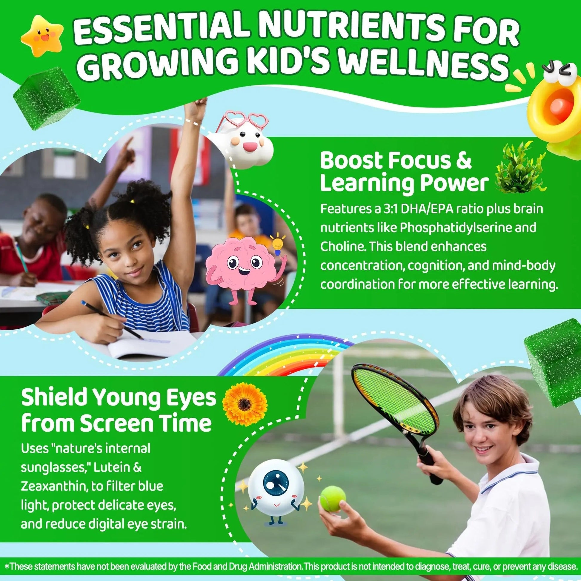 Kids Super Greens Gummies, w/Multivitamins, Spirulina, Chlorella, Spinach, Broccoli, Calcium, Omega-3 (DHA/EPA) EnvyCure buy supplements canada
