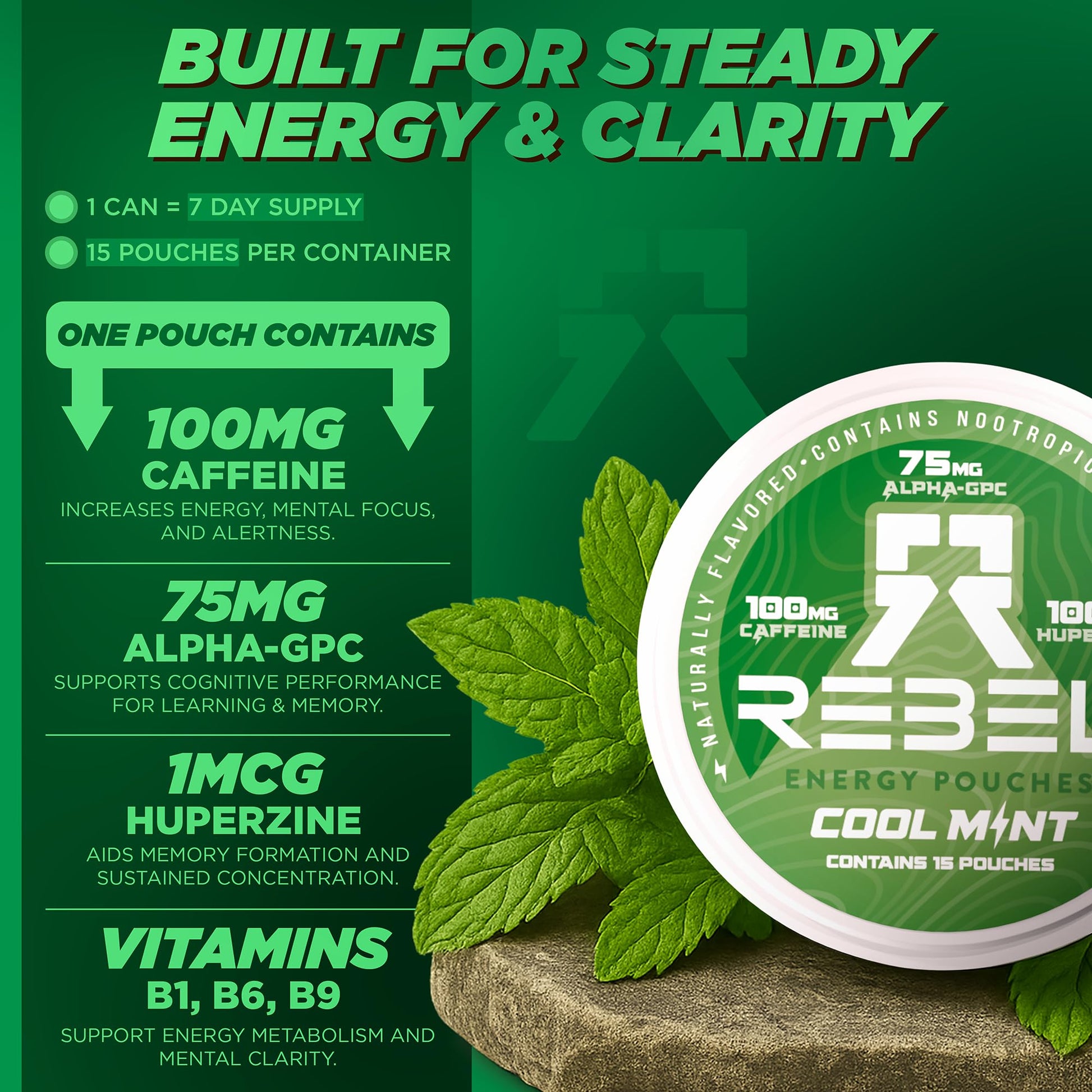 Rebel Nootropic Energy Caffeine Pouches (Cool Mint) • 100mg Caffeine • Alpha GPC • Huperzine A & Essential Vitamins • Sugar-Free • Coconut Fiber Technology • 15 Pouches Per Can (Pack of 4) Rebel Supplements buy supplements canada