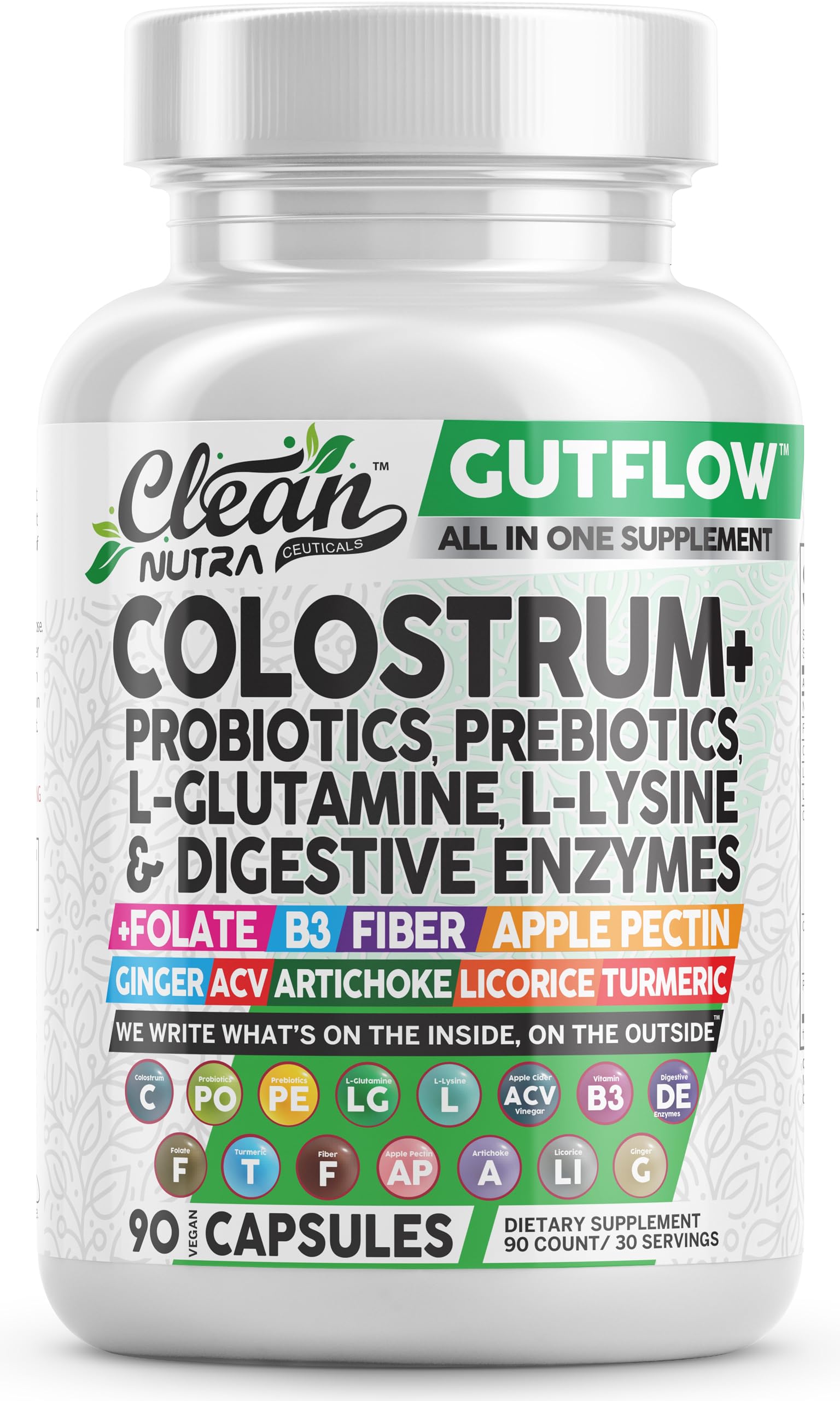 Clean Nutraceuticals Colostrum Supplement Capsules Probiotics Pills Prebiotics, L-Glutamine, Digestive Enzymes, Folate, Fiber, ACV, Turmeric, Apple Pectin and Turmeric Pills Clean Nutraceuticals buy supplements canada