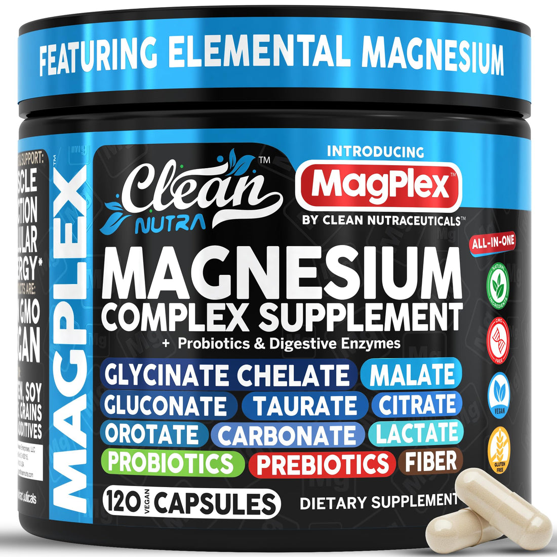 8in1 Magnesium Supplement Complex | Magnesium Glycinate Citrate Malate Gluconate Orotate Carbonate Lactate + Prebiotics Probiotics Digestive Enzymes Magnesio Clean Nutraceuticals buy supplements canada