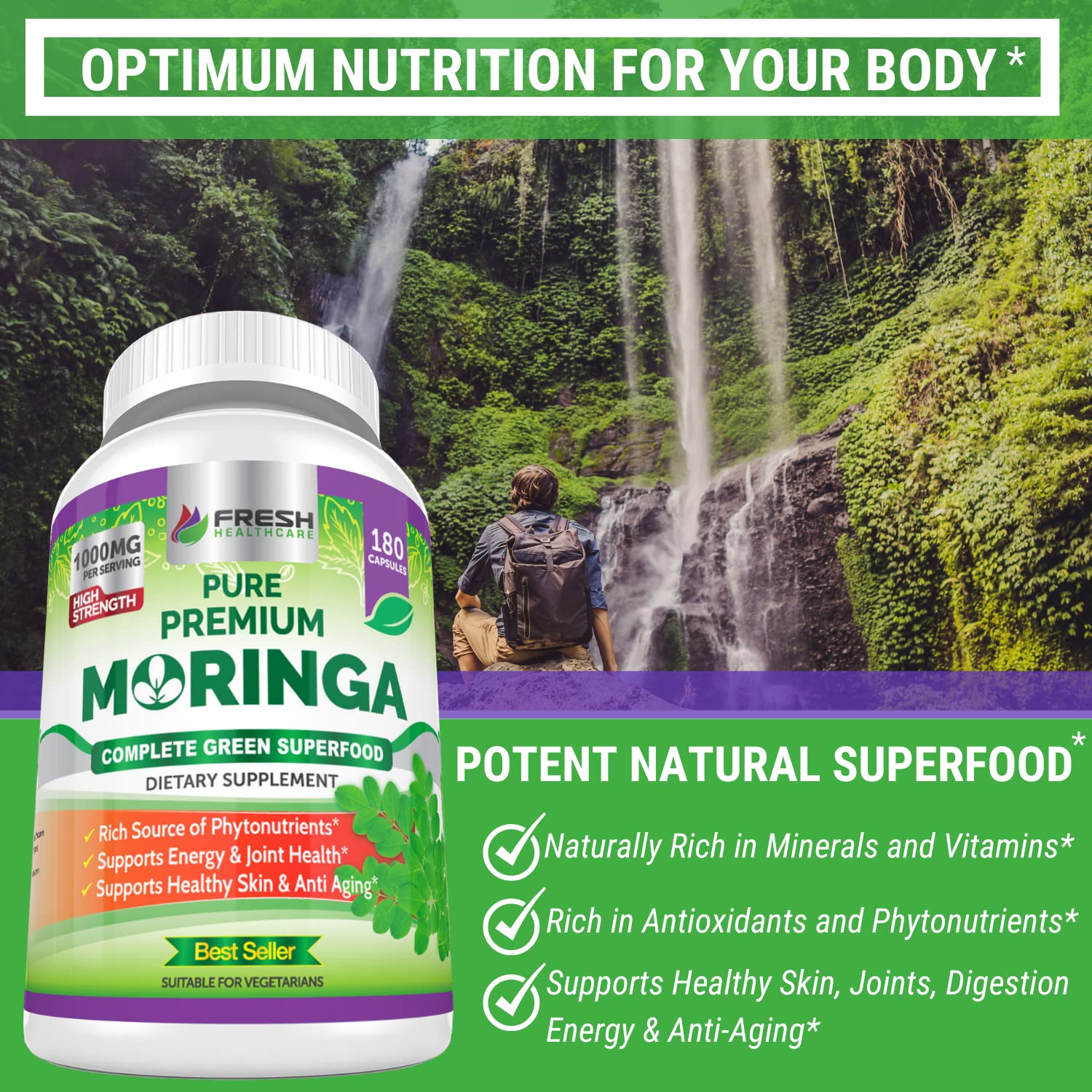 FRESH HEALTHCARE Moringa Capsules – 100% Pure Leaf Powder - 180 Pills, Non-GMO - 3 Month Supply - Complete Green Superfood for Energy FRESH HEALTHCARE buy supplements canada