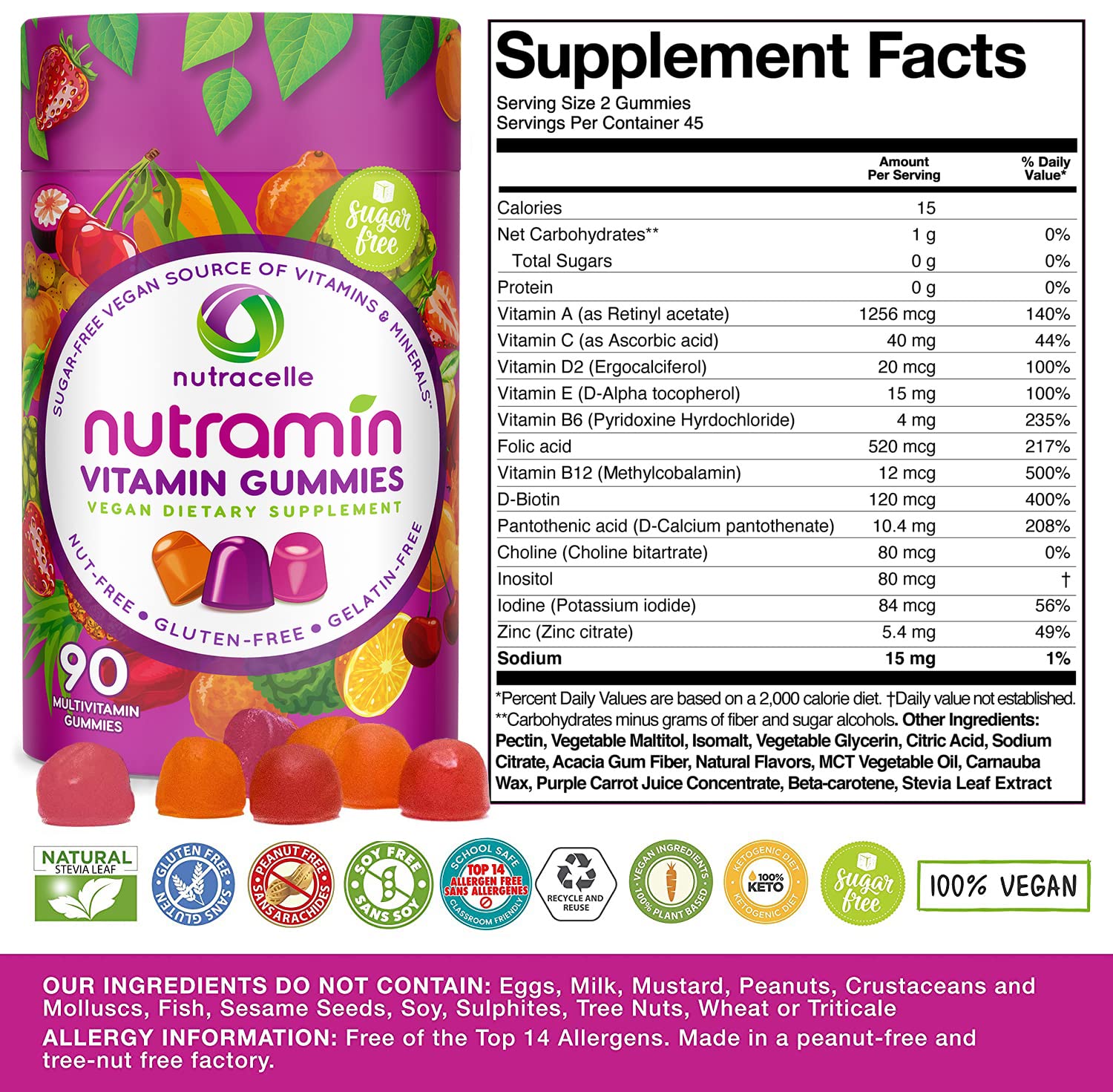 NUTRAMIN Daily Vegan Keto Multivitamin Gummies Vitamin C, D2, and Zinc for Immunity Nutracelle buy supplements canada