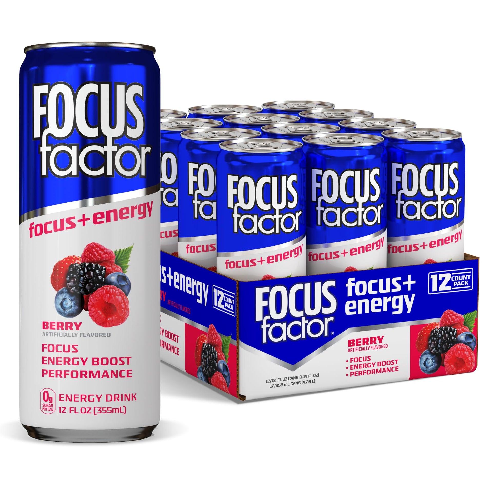 Focus Factor Energy Drink - 12 x 355ml Cans (Berry Flavour) - with Focus + Energy - Lightly Carbonated, Sugar Free, Low Calorie with Vitamin B6 & Vitamin B12 Focus Factor buy supplements canada