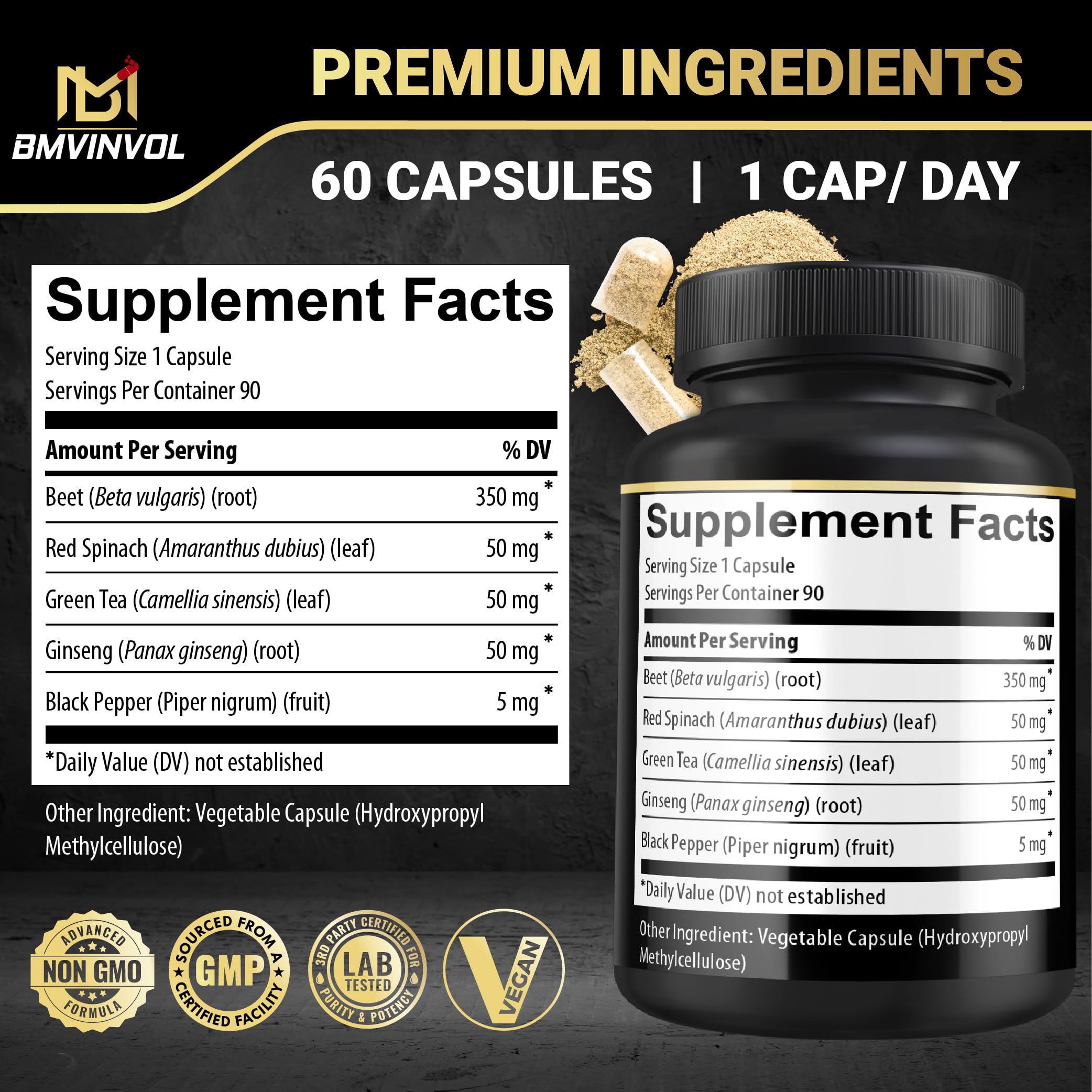 Beet Root Capsules - Green Tea, Red Spinach, Ginseng, Black Pepper - 90 Count - Supports Digestive, Immune System, Energy Levels - 3 Month Supply BMVINVOL buy supplements canada