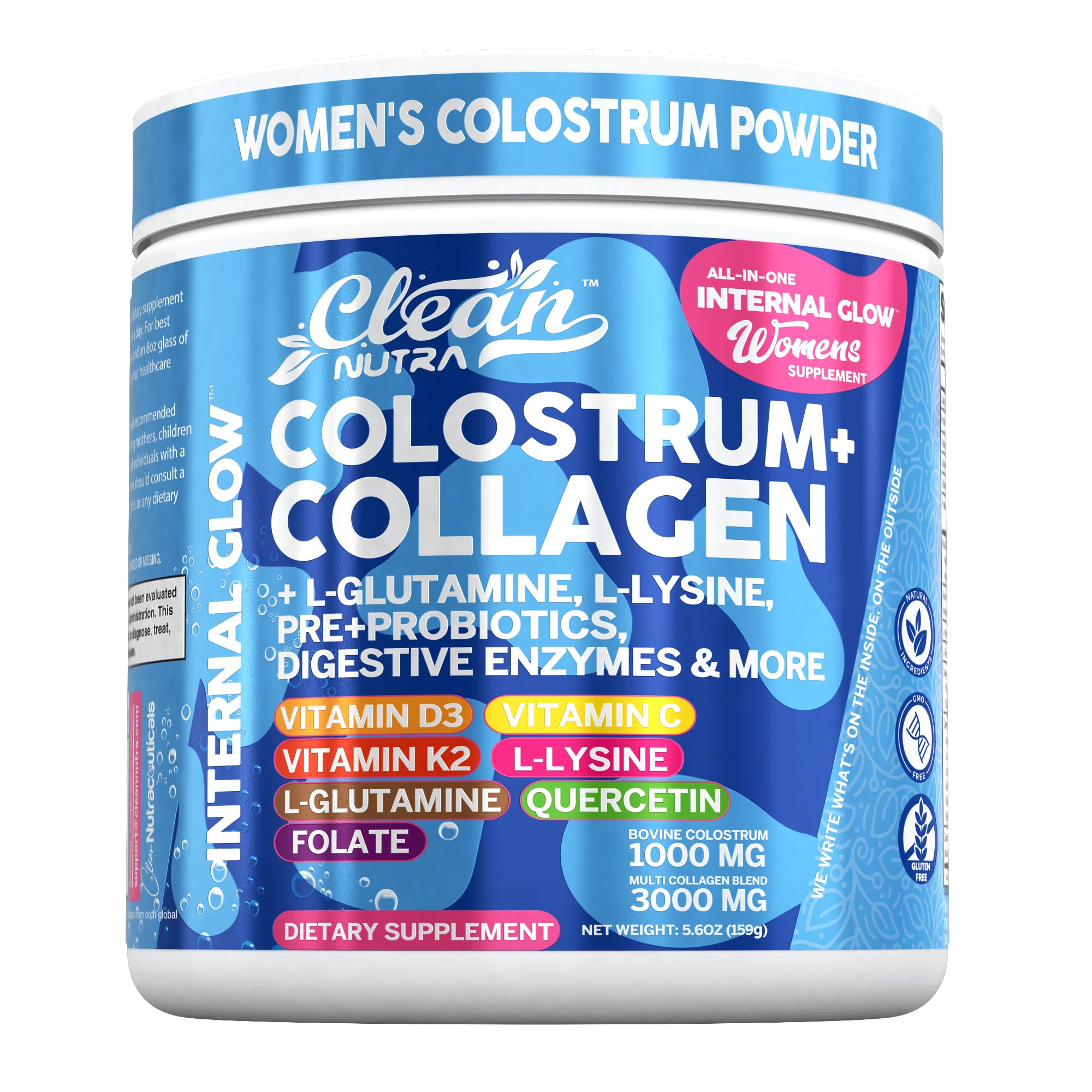Bovine Colostrum Powder + Collagen Peptides with L-Glutamine L-Lysine Prebiotics Probiotics Digestive Enzymes Vitamin D K2 C Quercetin & Folate | Gut Health Supplement Internal Glow By Clean Nutra Clean Nutraceuticals buy supplements canada