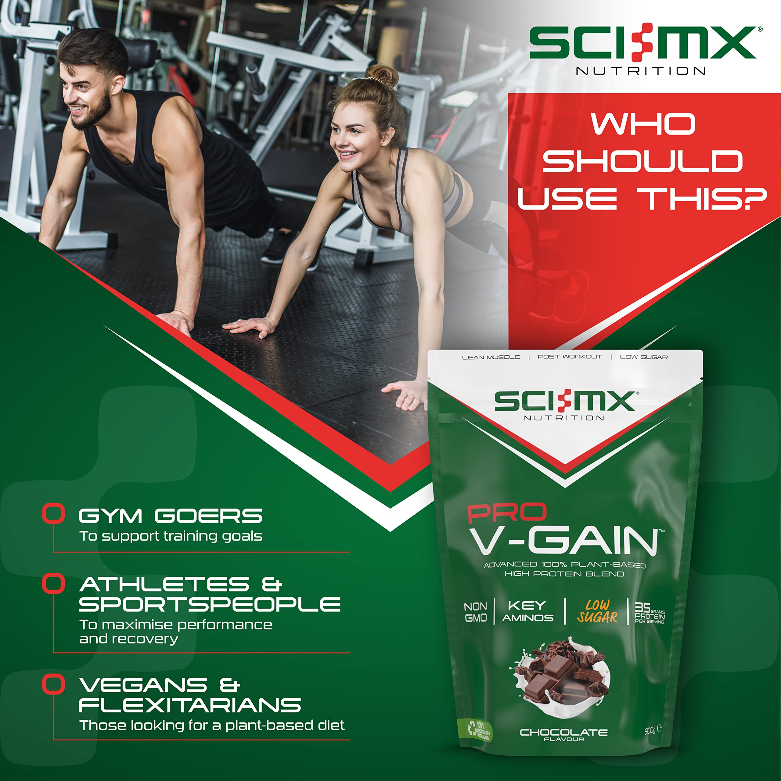SCI-MX Pro V Gain 100% Plant Based Vegan Protein Formula With No Added Sugar - Chocolate Flavour - 900g - 20 SERVINGS SCI-MX buy supplements canada