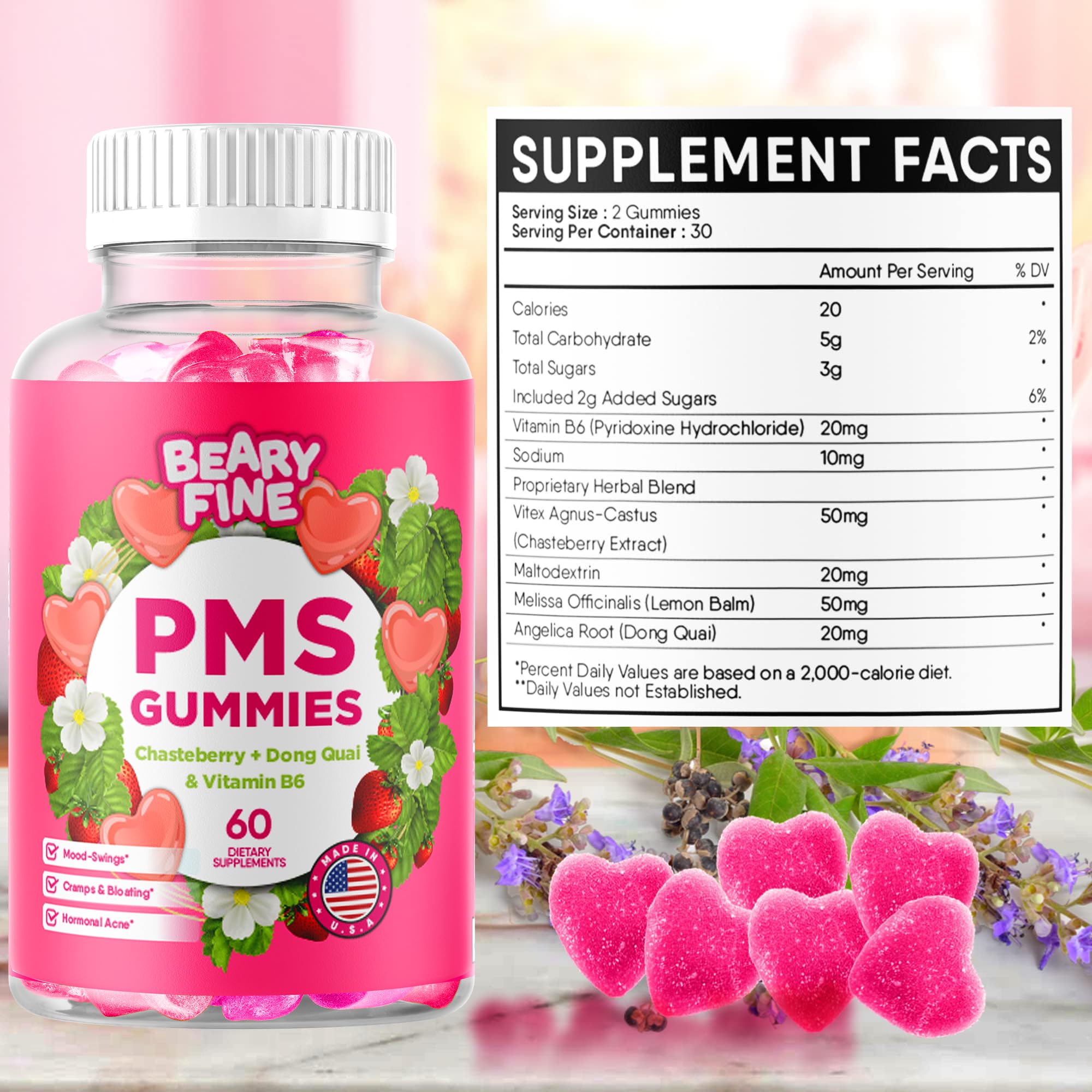 Beary Fine PMS Gummies - PMS Vitamins for Women & Teens - PMS Period Relief - Cramping, Bloating, Mood Swings - Made in The USA (Strawberry, 60 Count) Beary Fine buy supplements canada