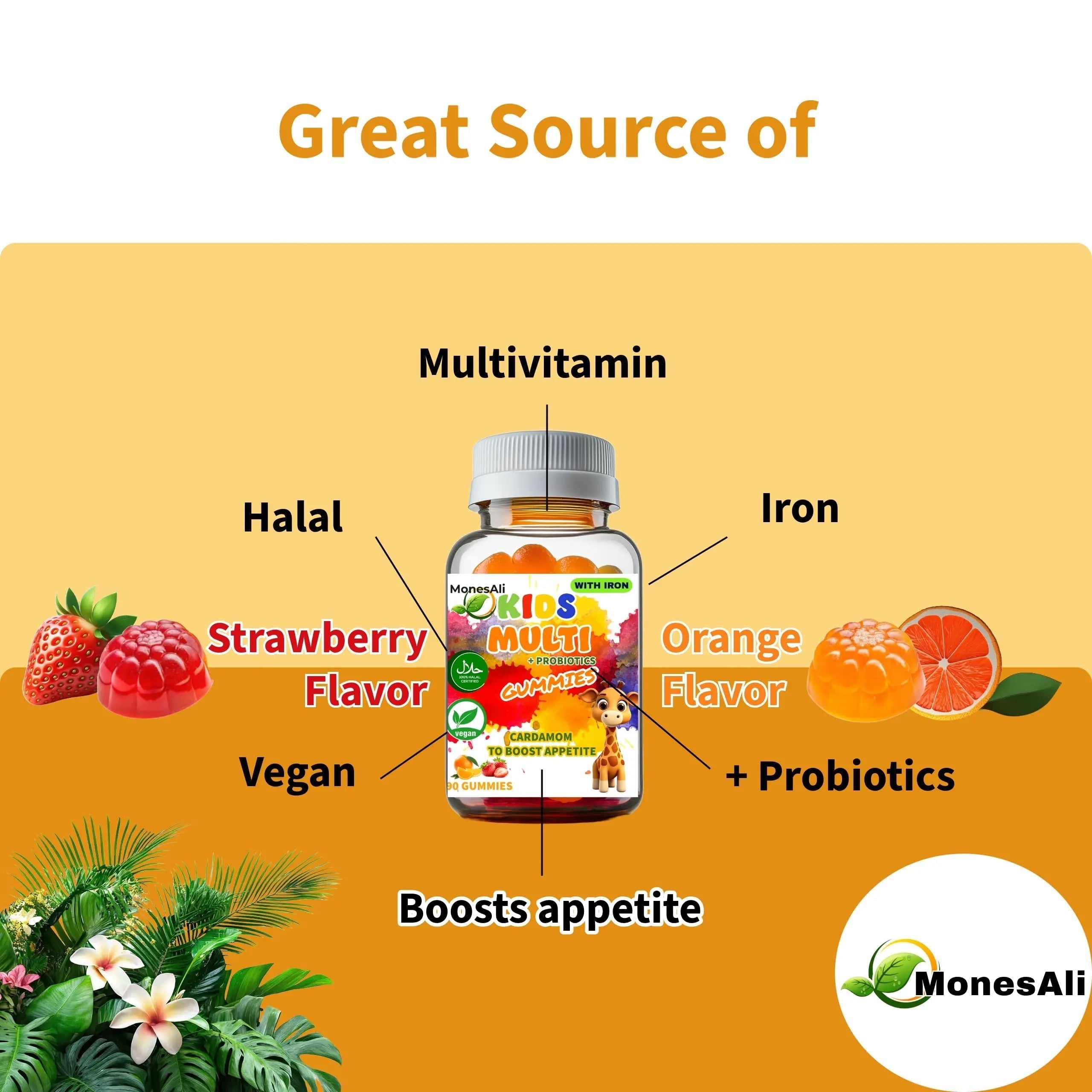 MonesAli Kids Multivitamin Gummies with Iron & Probiotics – Vegan, Gelatin-Free, Halal, Orange & Strawberry Flavors, 90 Count MonesAli buy supplements canada