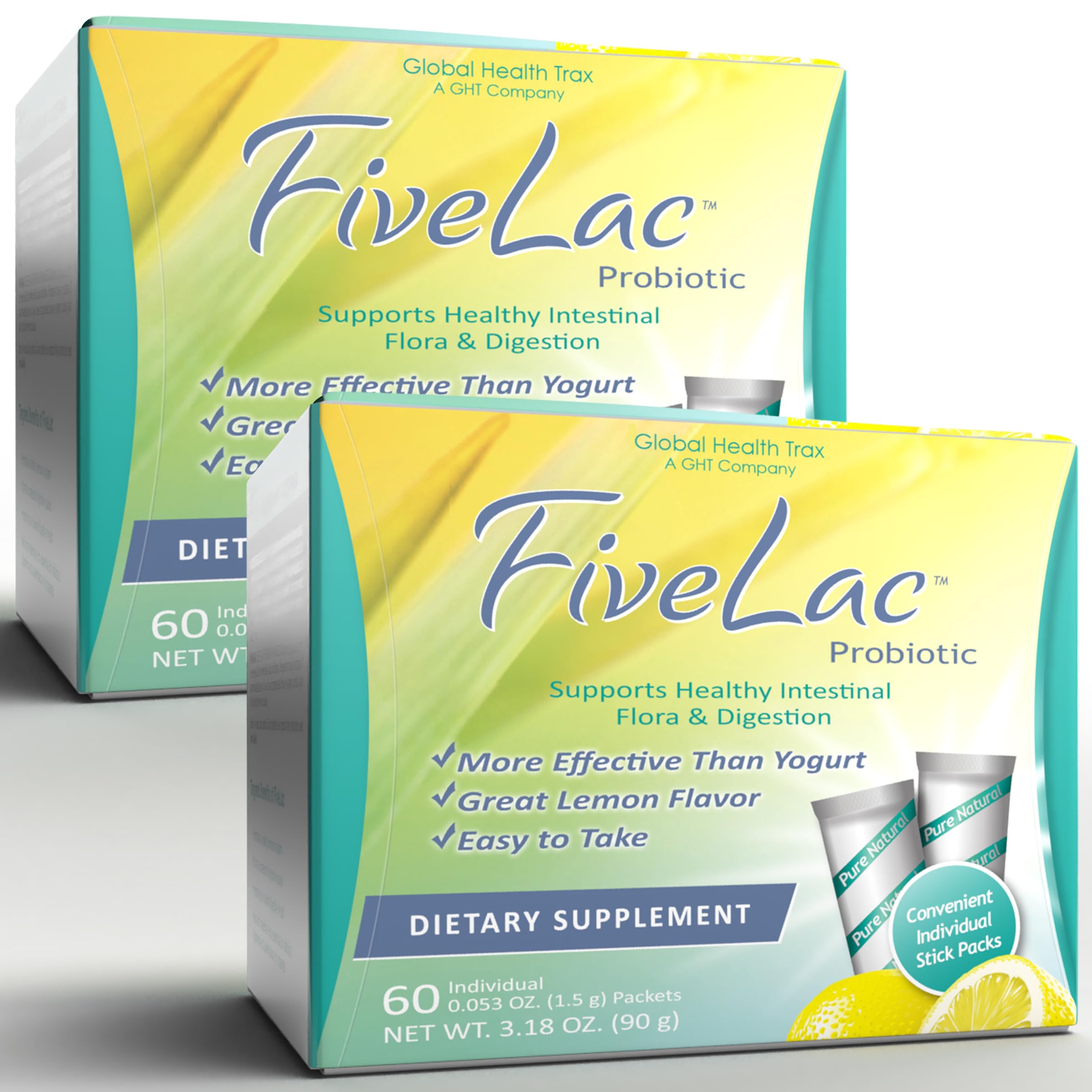 Global Health Trax GHT - FiveLac Lemon Probiotic Powder Drink Mix, Probiotics for Women, Men & Kids - Smooth Digestive Support & Elimination - Relieves Constipation & Gas - 60 Packets (2 Pack) Non-GMO ght Global Health Trax buy supplements canada