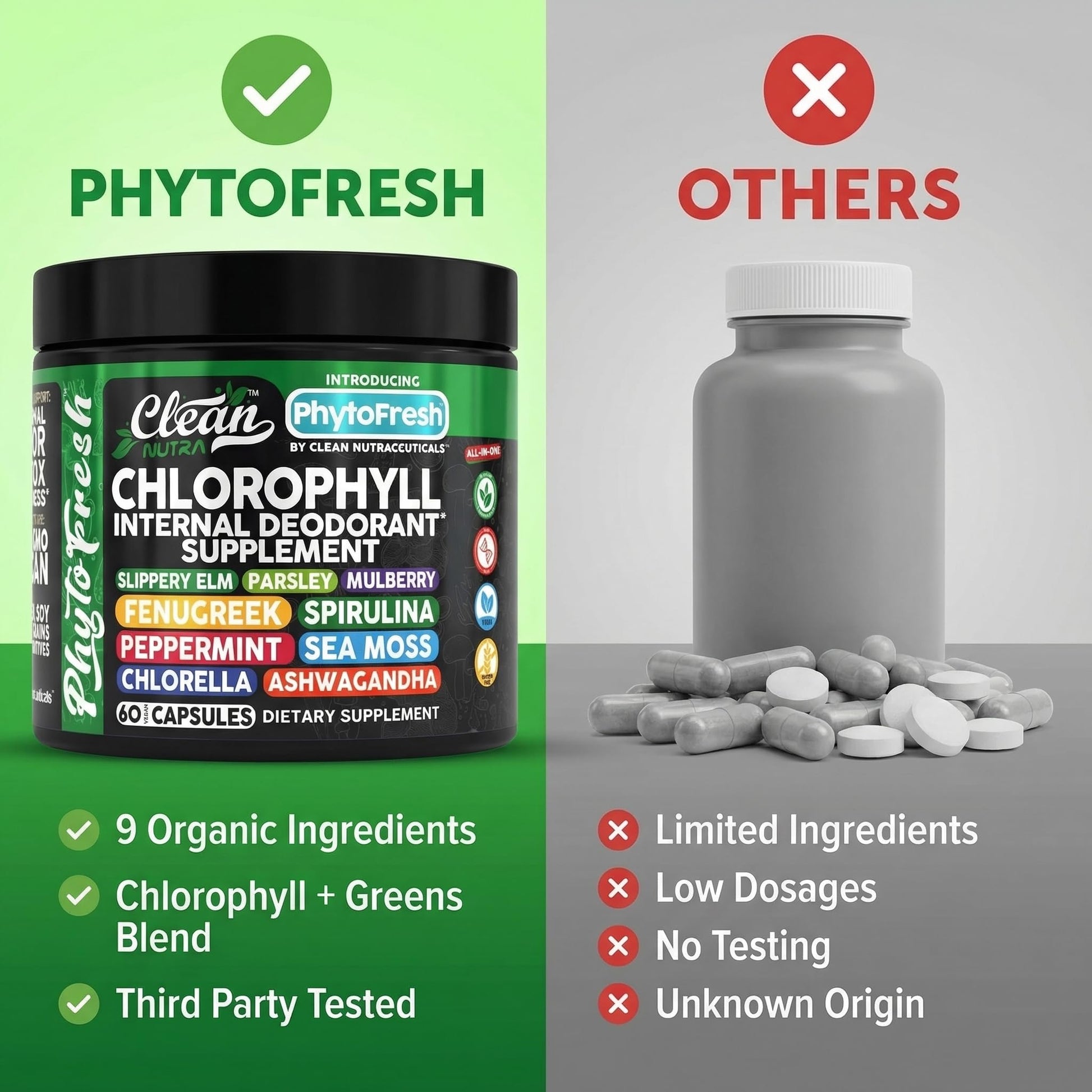 Clean Nutra Chlorophyll Capsules Supplement Internal Deodorant Peppermint, Sea Moss, Parsley, Chlorella, Spirulina, Slippery Elm, Ashwagandha, PhytoFresh Greens Detox Pills Clean Nutraceuticals buy supplements canada