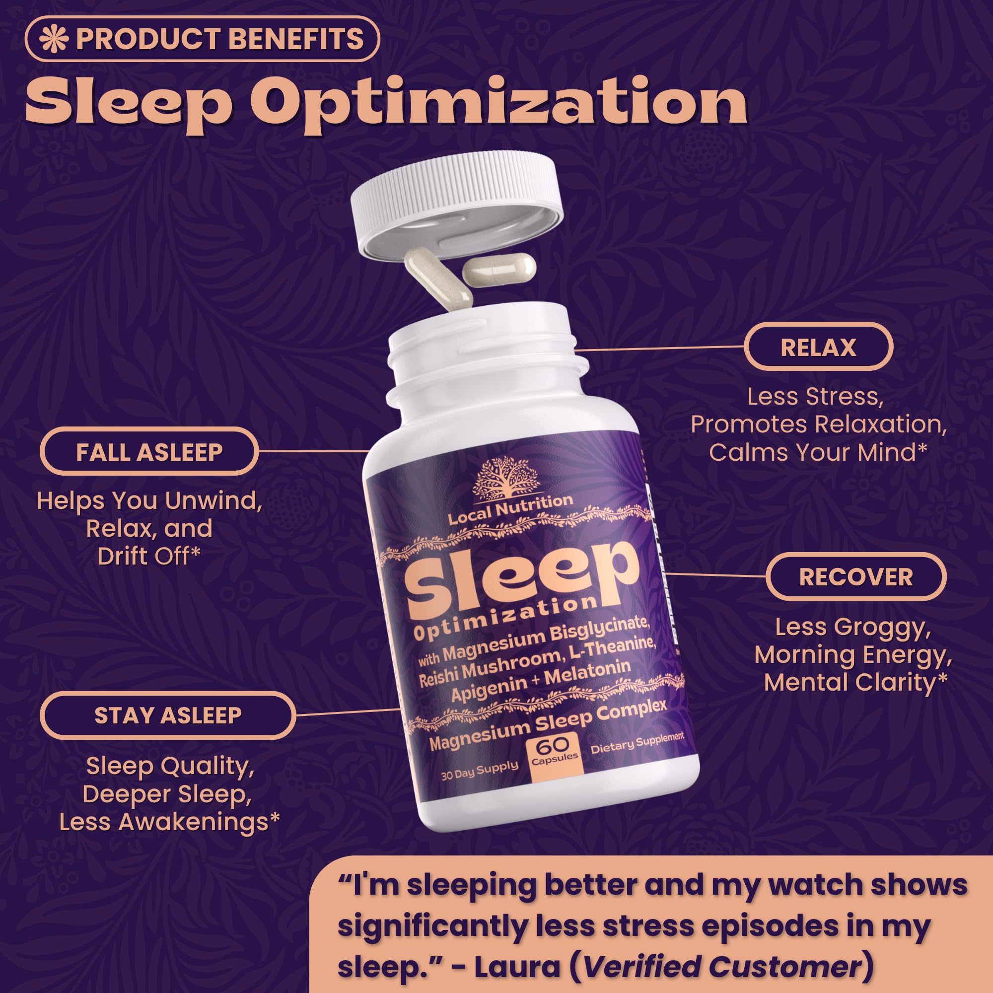 Local Nutrition Natural Sleep Aid with Magnesium Glycinate, Reishi Mushroom Extract, L-Theanine, Apigenin, and Melatonin - Sleep Supplement for Adults Seeking Deep Rest - 60 Capsules, Made in The USA Local Nutrition buy supplements canada