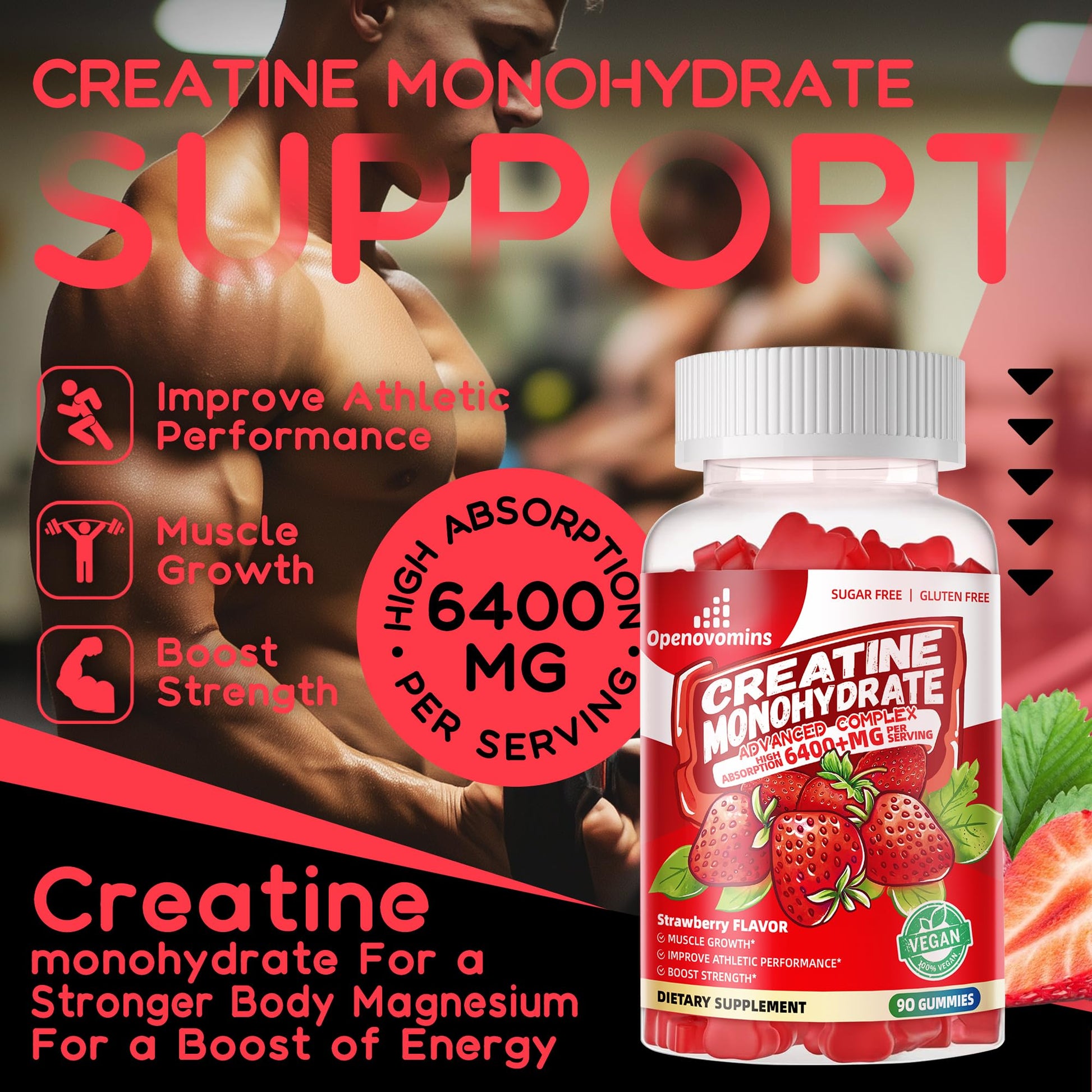 Creatine Monohydrate Gummies Complex for Men & Women -Advanced Formula W/L-Taurine + Vitamin B12, Sugar Free Chewable Supplement,90 Strawberry Gummies Openovomins buy supplements canada