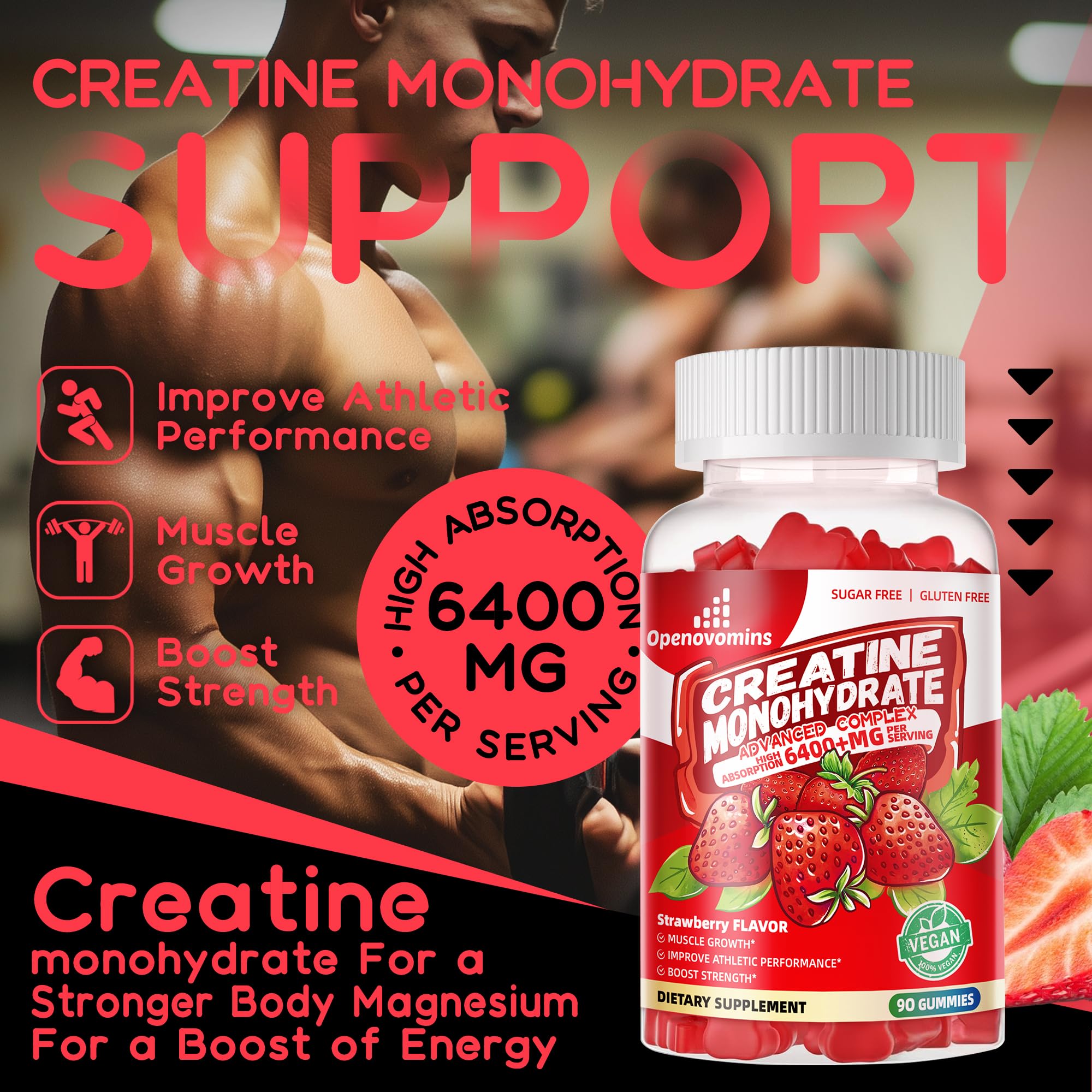 Creatine Monohydrate Gummies Complex for Men & Women -Advanced Formula W/L-Taurine + Vitamin B12, Sugar Free Chewable Supplement,90 Strawberry Gummies Openovomins buy supplements canada