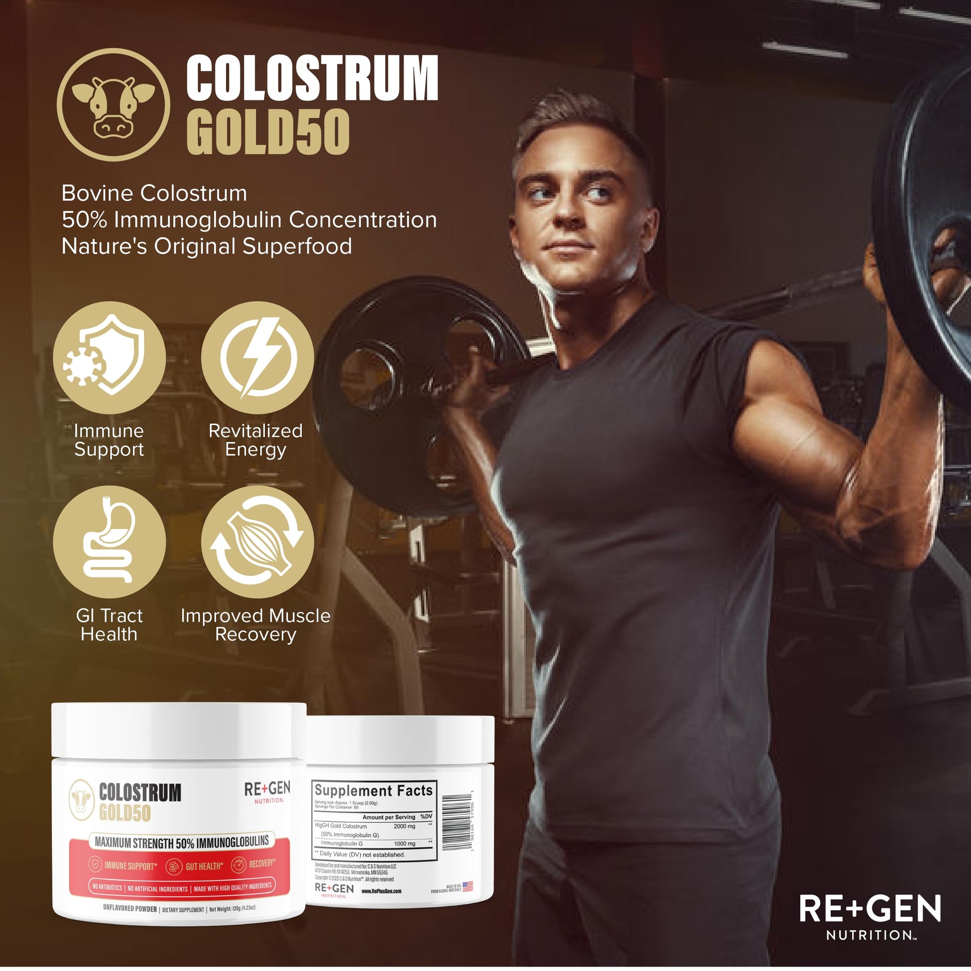 Re+Gen Nutrition Colostrum Gold 50 Bovine Colostrum Powder for Gut Health, Immune Support & Muscle Recovery – 50% IgG Concentration, Grass Fed, Gluten Free, No Artificial Ingredients Re+Gen Nutrition buy supplements canada