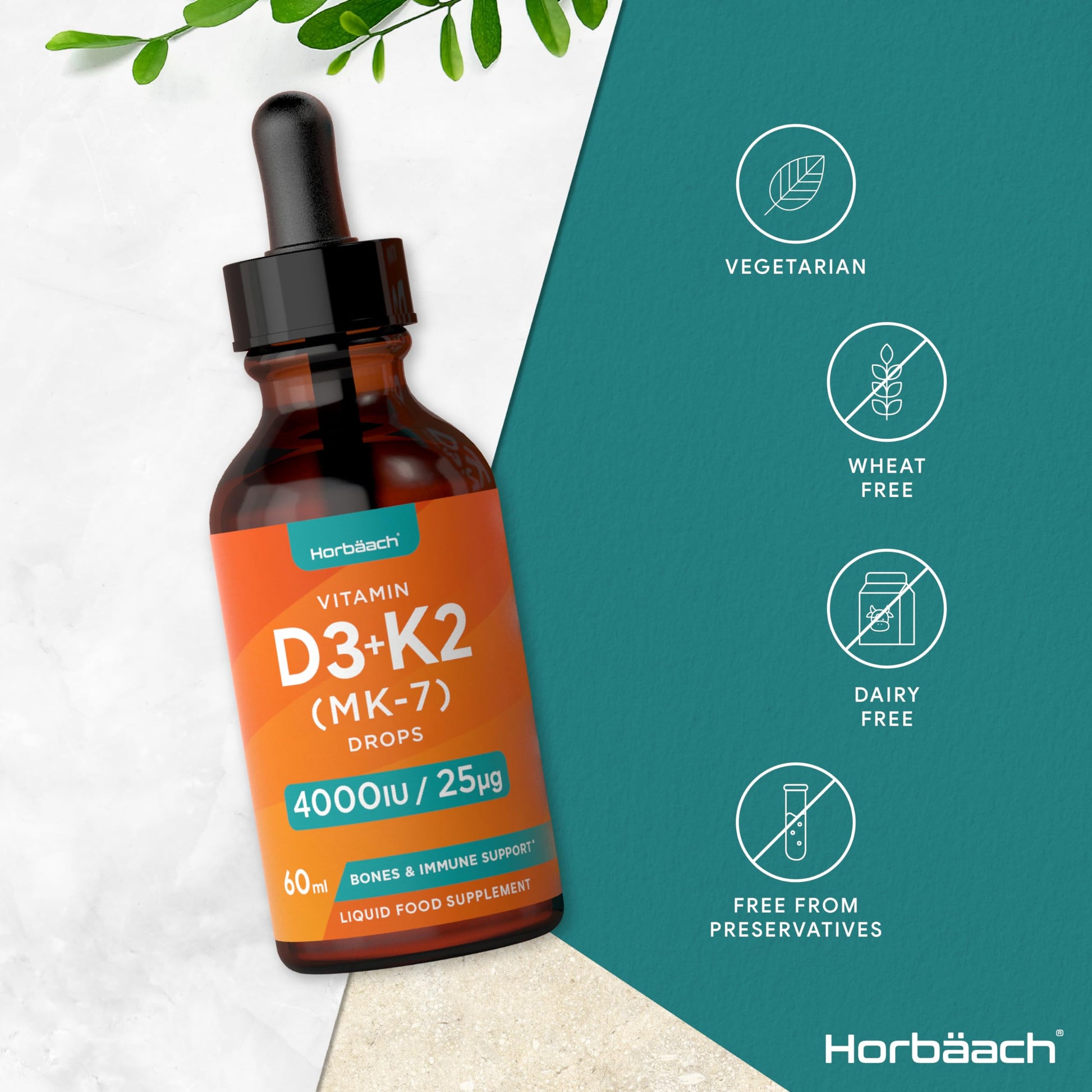 Vitamin D3 K2 Drops | 60mL | High Strength Vitamin D3 4000iu and K2 25ug | No Artificial Horbäach buy supplements canada