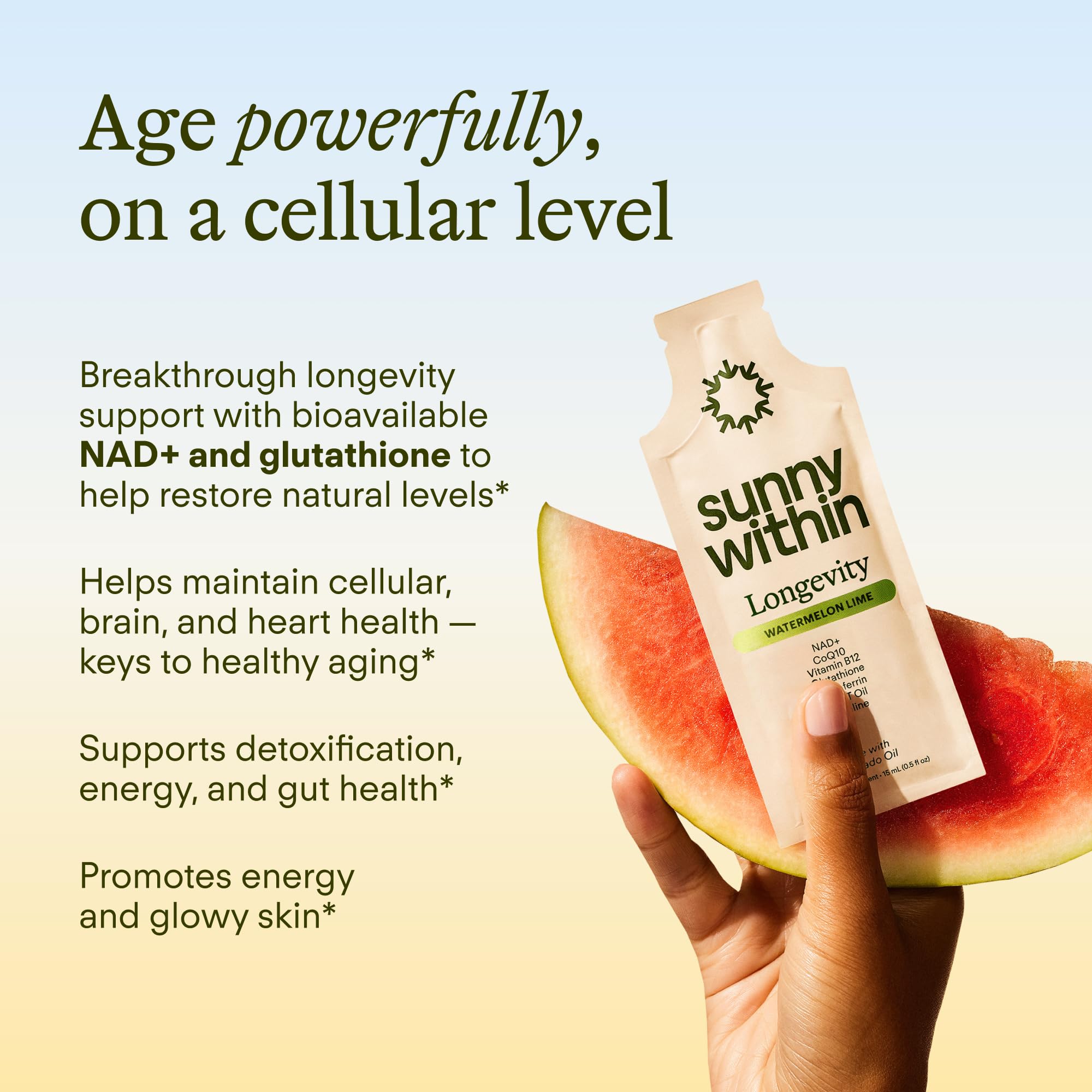 Sunny Within Longevity – Liposomal NAD+ Glutathione Supplement w/Liquid NAD+, CoQ10, B12, MCT & Avocado Oil – Cellular Health, Energy, Brain, Gut & Heart Support* – Watermelon Lime – 30 Pouches Sunny Within buy supplements canada